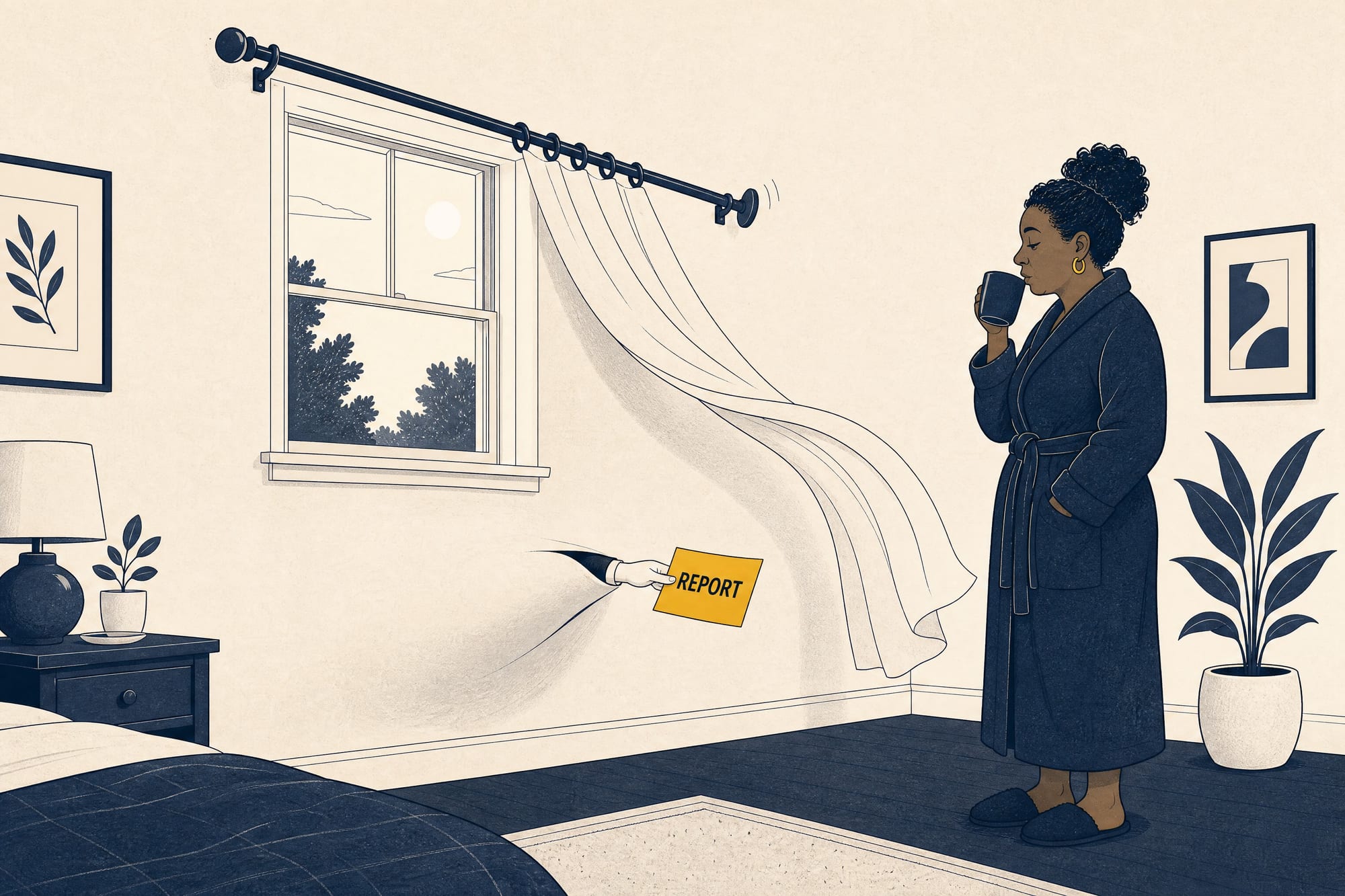 Cartoon: a homeowner in a robe with a coffee mug watches a hand emerge from behind the window curtain, holding out a gold card marked 'report' — the wall itself delivering the news about the hidden missing flashing.