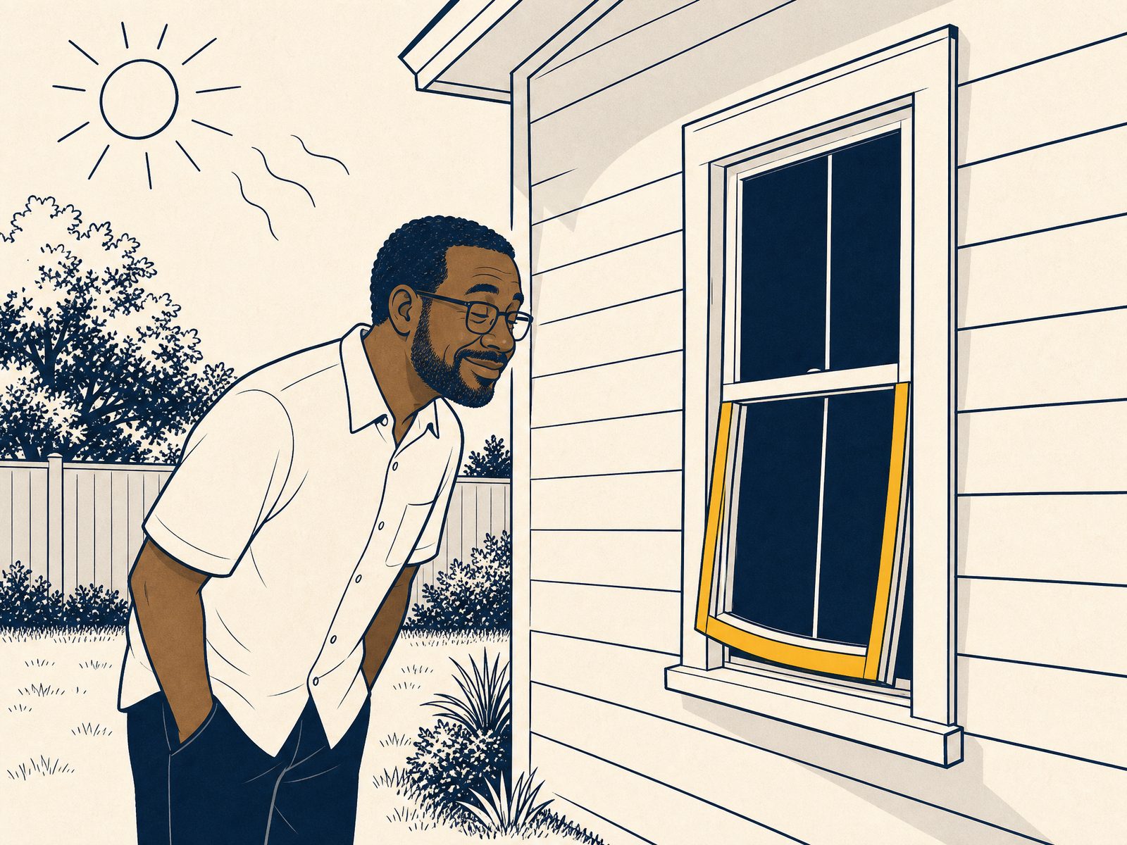 Cartoon of an NC homeowner at a dark double-hung window on a bright west-facing wall in late summer, the sash bowed into a gentle banana curve under a hot sun, the homeowner eyeing it with a wry look.