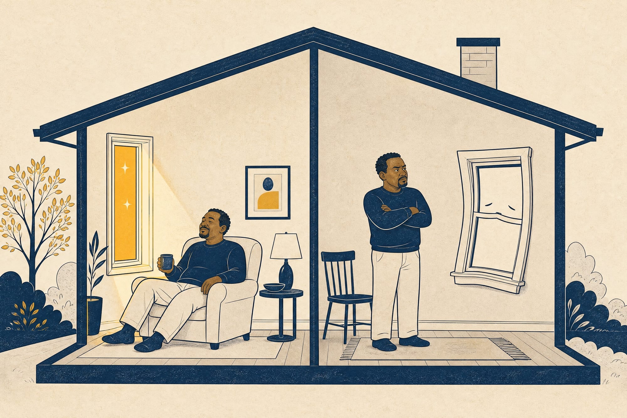 Cartoon cutaway of one house split into two rooms: on the left the homeowner relaxes happily beside a crisp fiberglass window; on the right the same homeowner stands arms-crossed beside a warped, sagging budget window.