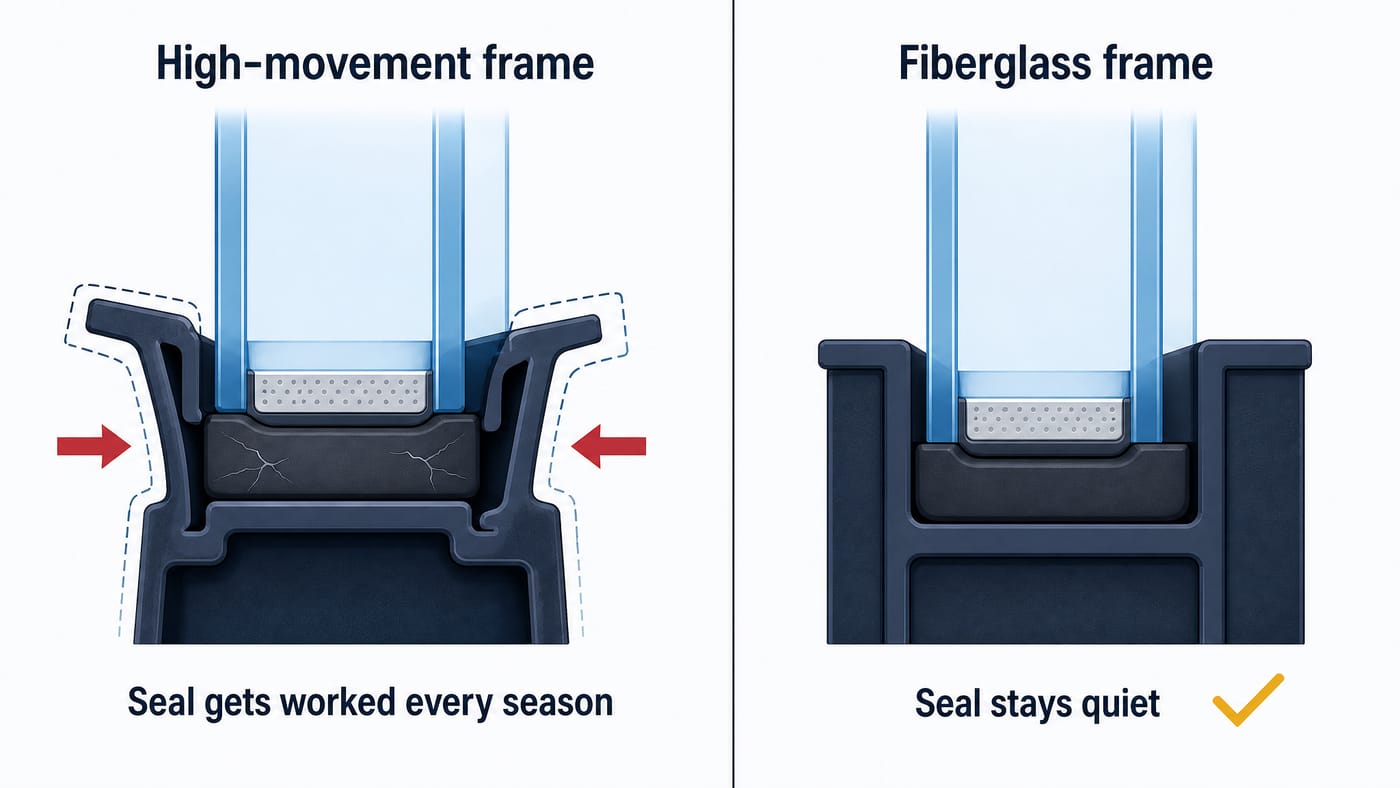 Two-panel cross-section of an insulated glass unit's edge seal. High-movement frame: the frame pushes and pulls against the seal every season. Fiberglass frame: frame and glass move together, so the seal stays at rest.
