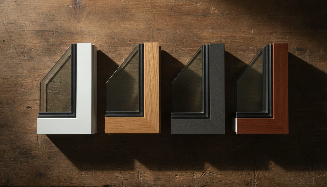 Four window frame corner samples laid in a row on a worn workbench in raking morning light — white vinyl, natural wood, dark fiberglass and wood-grain composite — each cut away to show its structure and sealed glass edge.