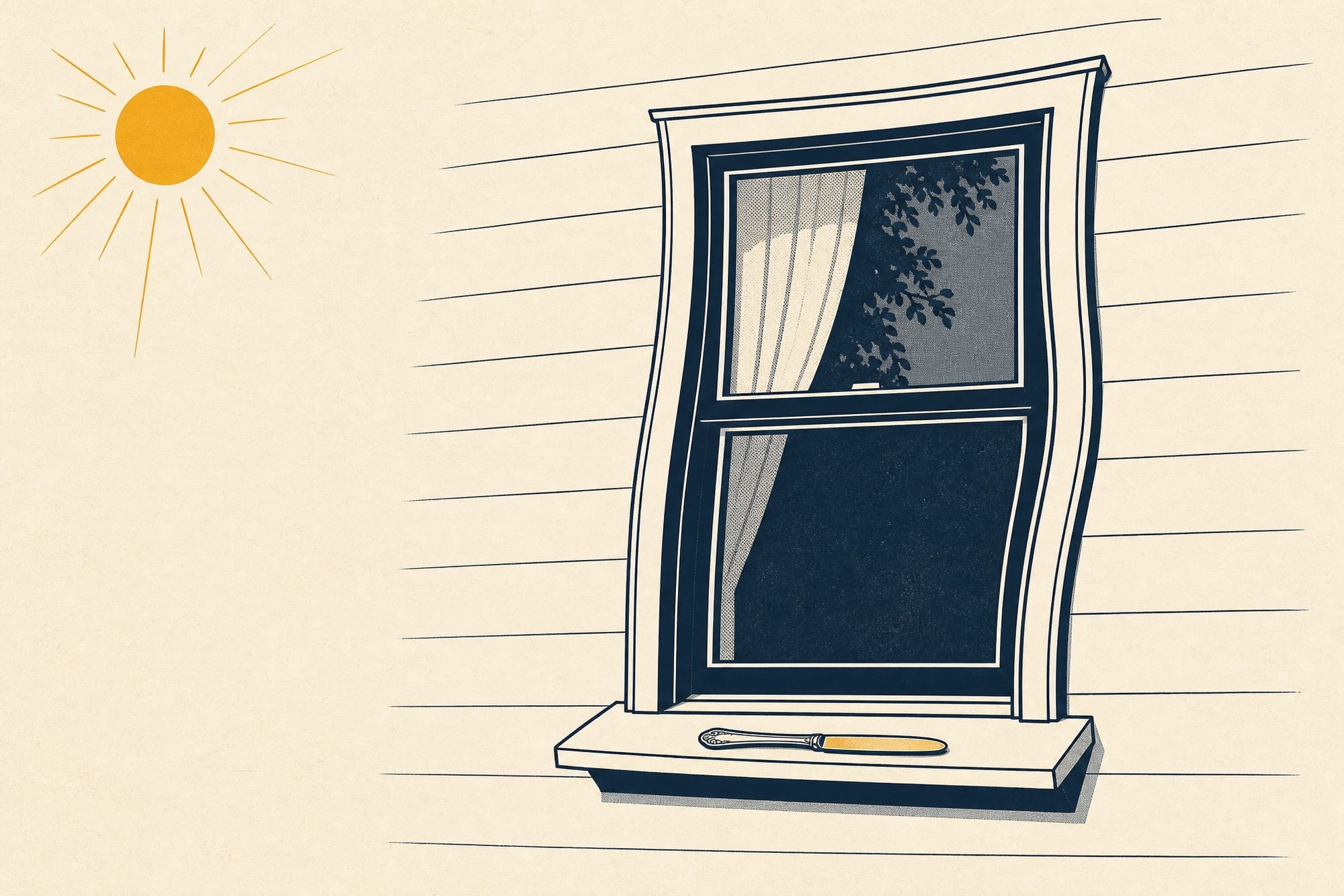 Illustration of a black double-hung window on a sunny wall, its frame warped into a gentle banana curve, with a butter knife resting on the windowsill.