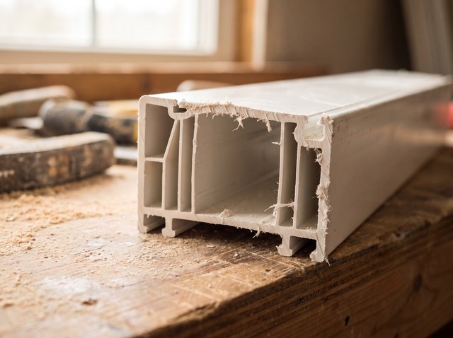 Cut cross-section of a white vinyl frame profile showing simple hollow air chambers with thin vinyl walls and no stiffener inside the main chamber.