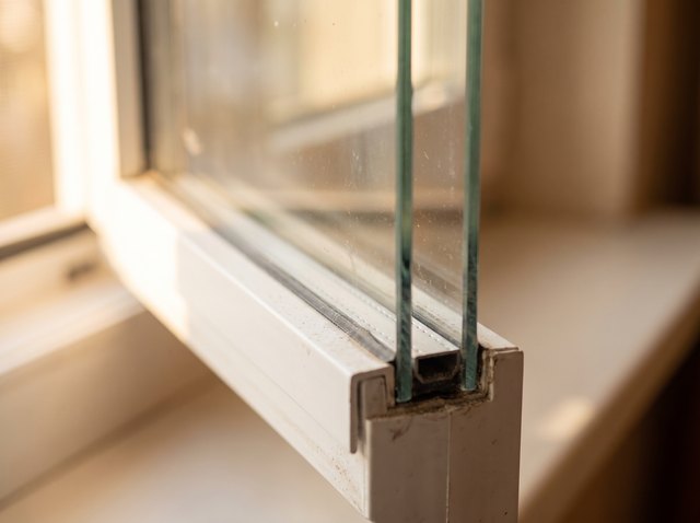 Macro of the edge of a plain clear double-pane insulated glass unit in a white vinyl sash — two uncoated clear panes with a plain spacer bar.