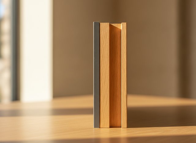 Clad-wood in section: a thin metal skin over a warm wood core.