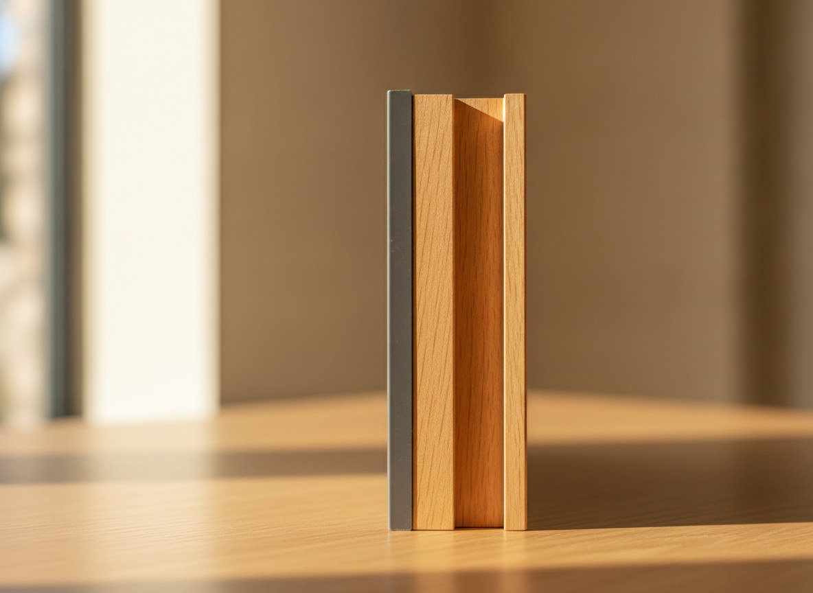 Clad-wood in section: a thin metal skin over a warm wood core.