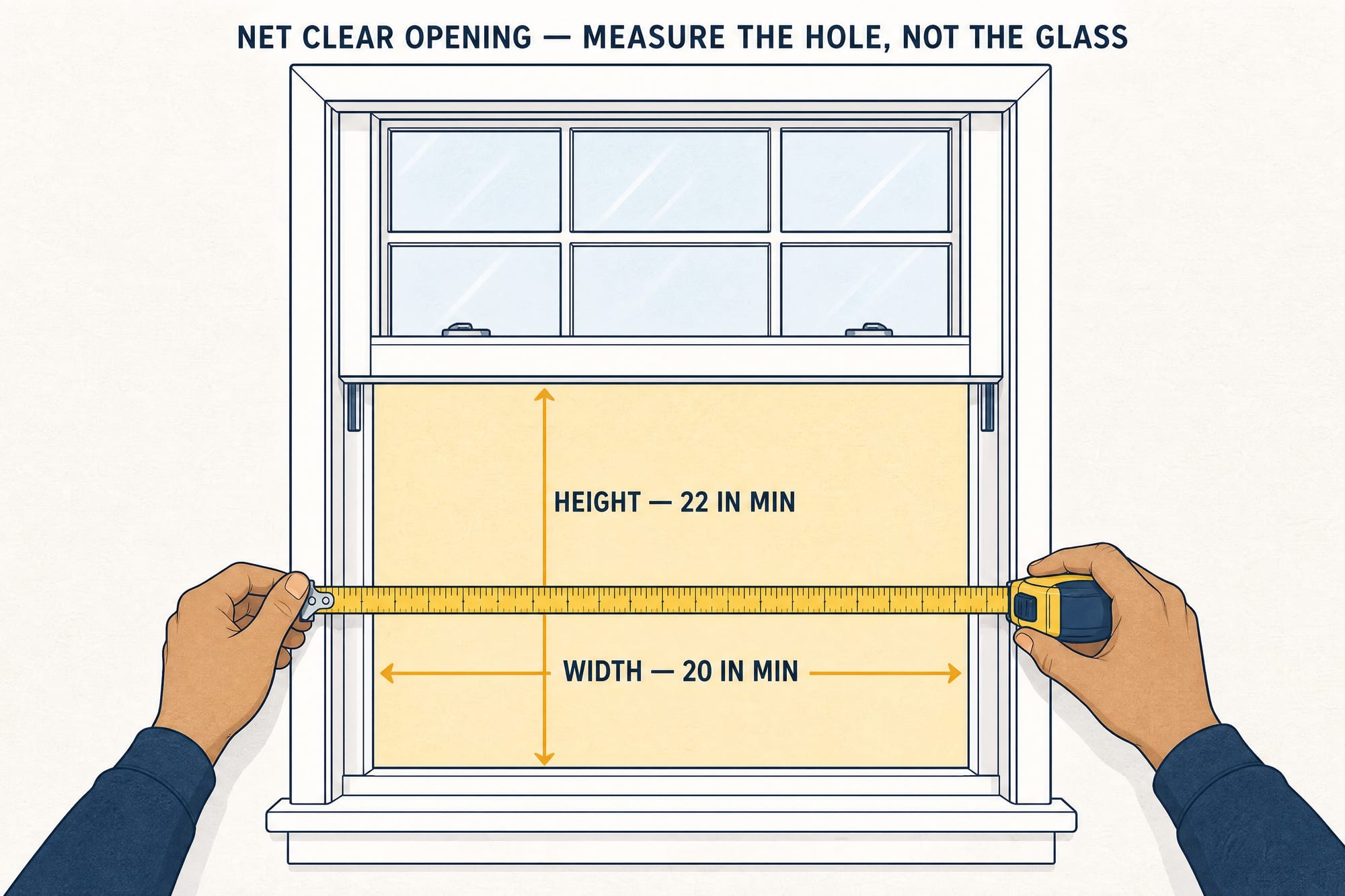 Instructional illustration: a double-hung window with the lower sash raised and a tape measure across the clear opening, labeled 'net clear opening — measure the hole, not the glass', with height 22 inches minimum and width 20 inches minimum marked.