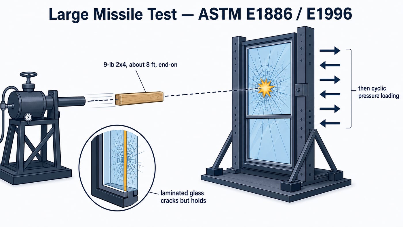 Test schematic of the Large Missile Test under ASTM E1886 and E1996: a 9-pound 2x4 about 8 feet long is fired end-on at a window unit, followed by cyclic pressure loading. An inset shows the laminated glass cracked but still held together in the frame.