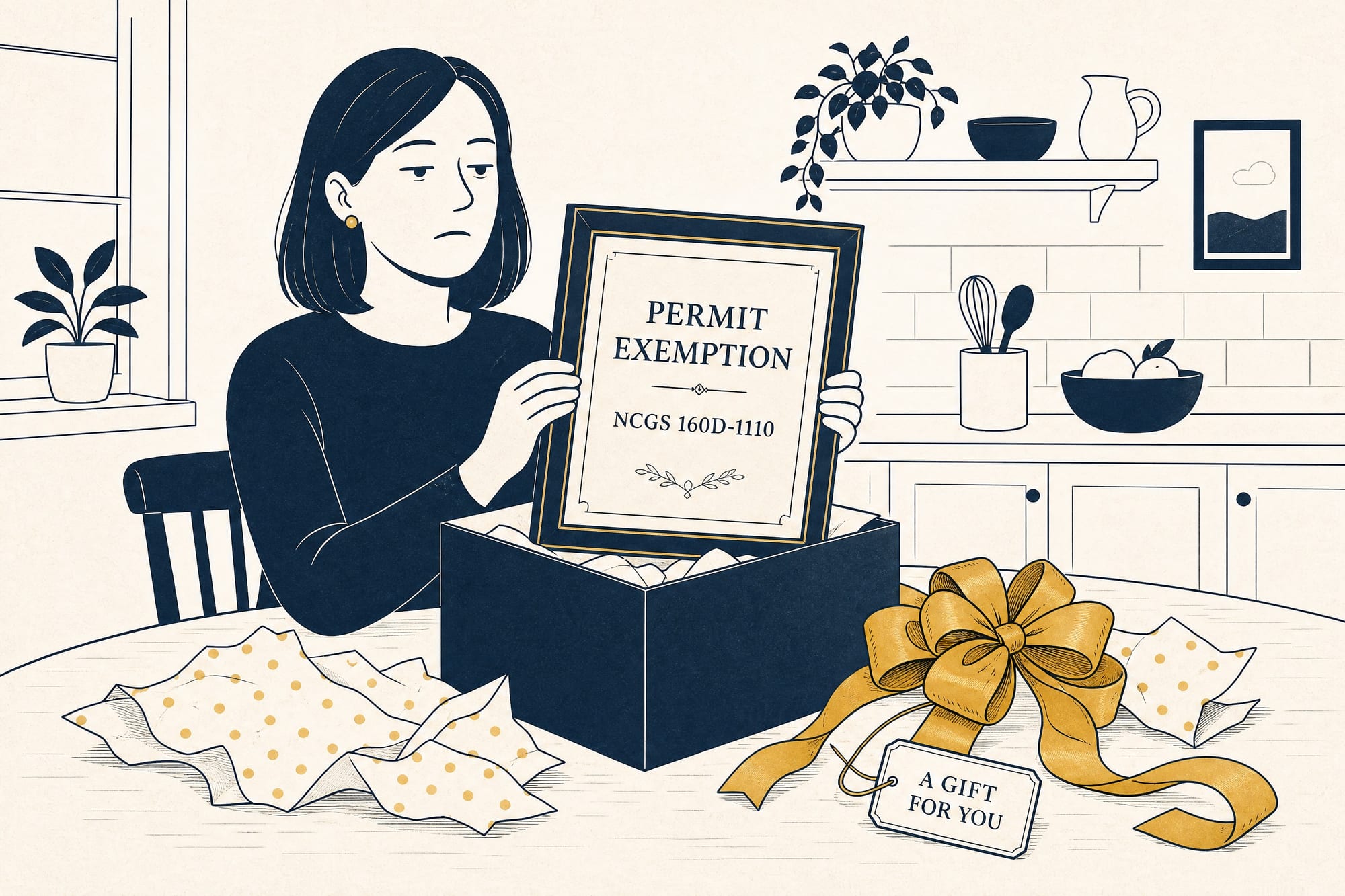 Cartoon: a homeowner unwraps a gift box and lifts out a framed certificate reading 'permit exemption — NCGS 160D-1110', a gift tag reading 'a gift for you' beside it, her expression politely unimpressed.