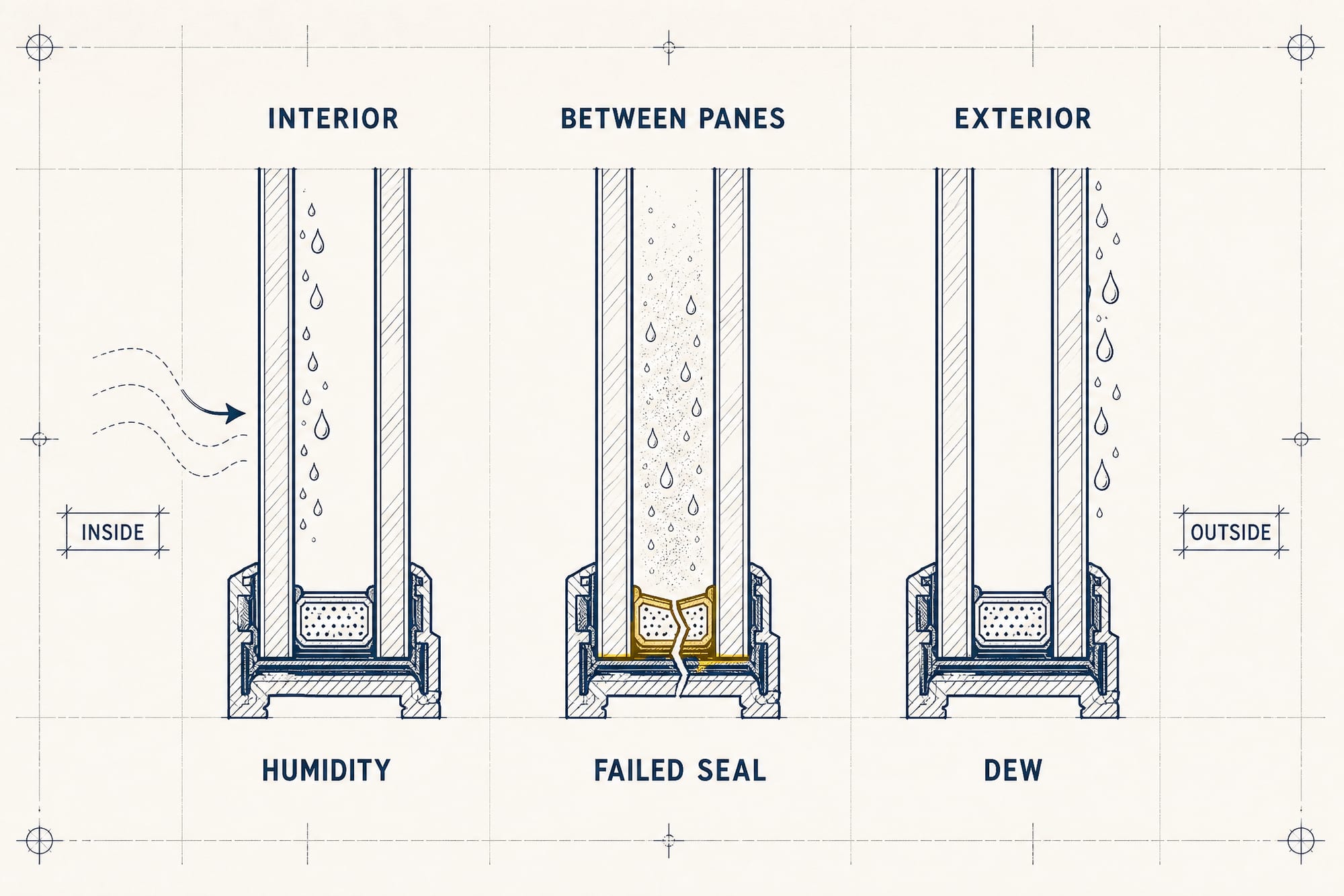 Diagram comparing three kinds of window condensation on a double-pane unit: left, moisture on the inside surface from humid room air; middle, haze sealed between the panes from a failed edge seal; right, dew on the outside surface from a cool outer pane. Tagged humidity, dead seal, and good insulation.