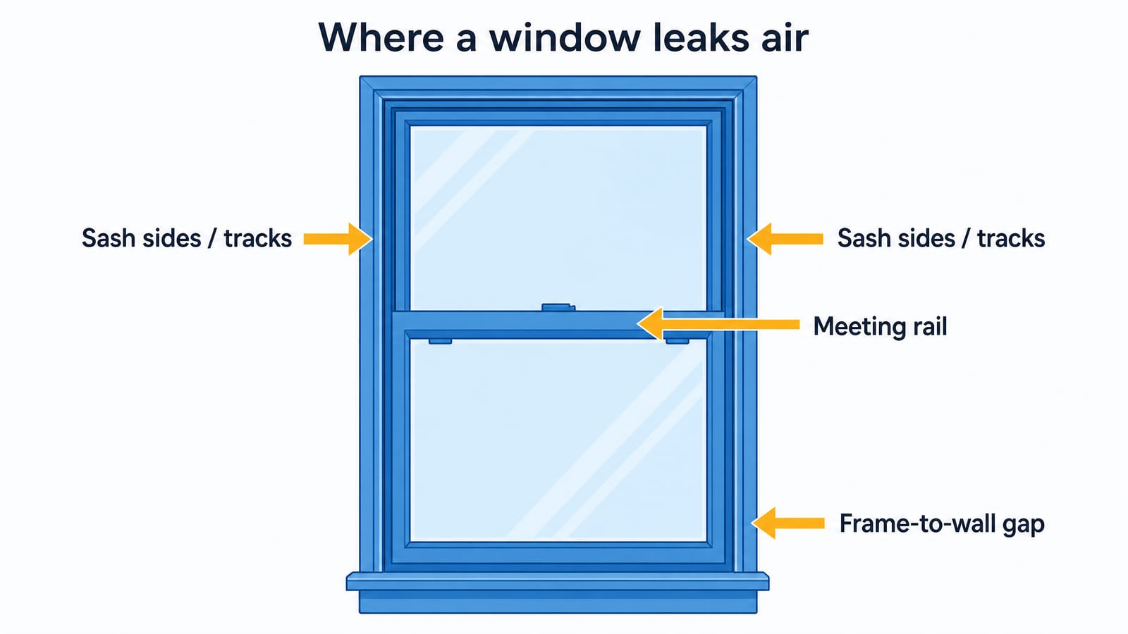 Diagram of a double-hung window with the common air-leak paths each marked by a gold arrow: the meeting rail where the two sashes overlap, the sash sides and tracks along both vertical edges, and the frame-to-wall gap around the outer perimeter.