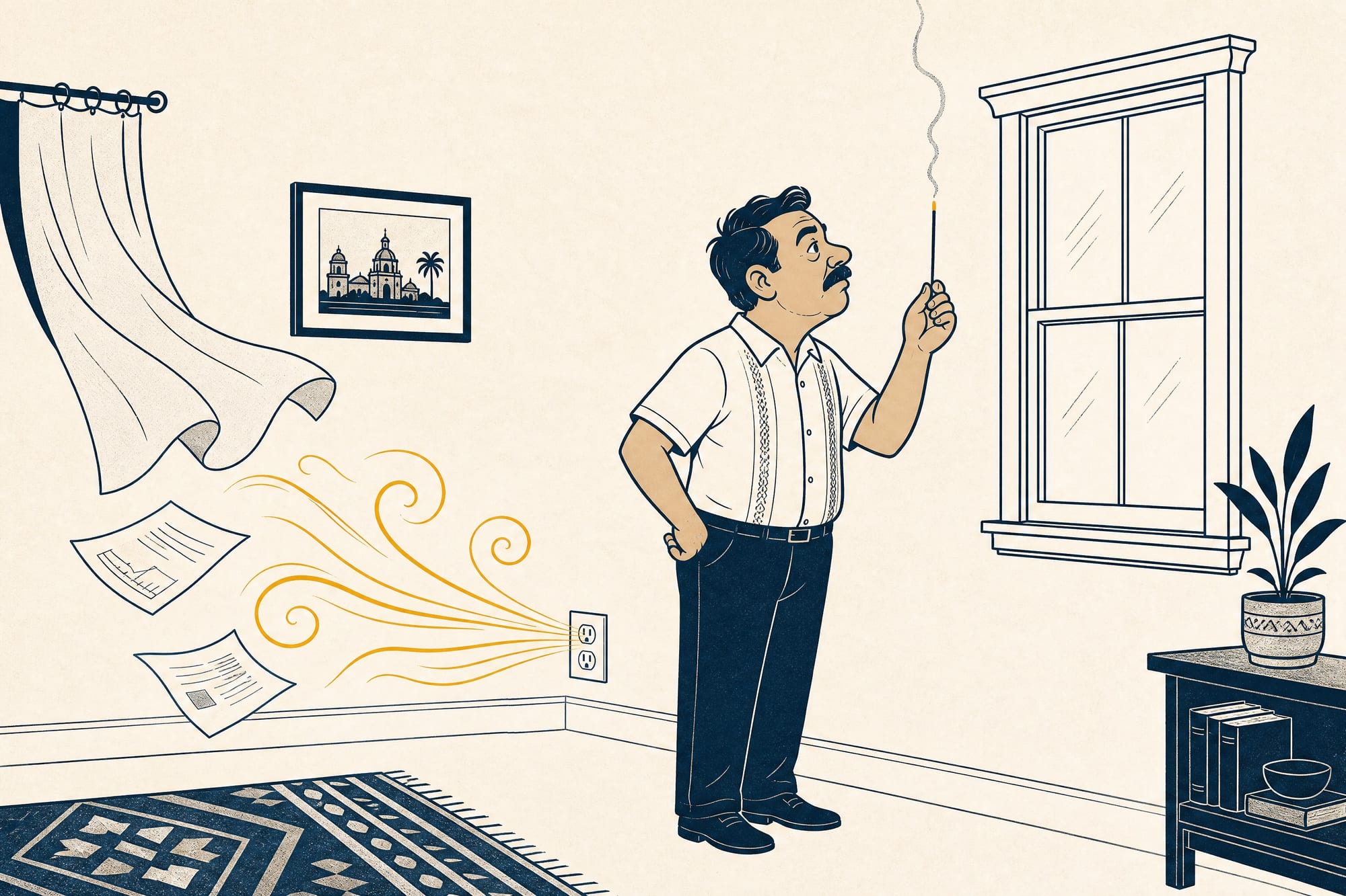 Cartoon: a homeowner holds an incense stick up to a pristine window, its smoke rising straight, while the electrical outlet on the wall behind him blasts a gust of cold air that scatters papers and lifts the curtain.