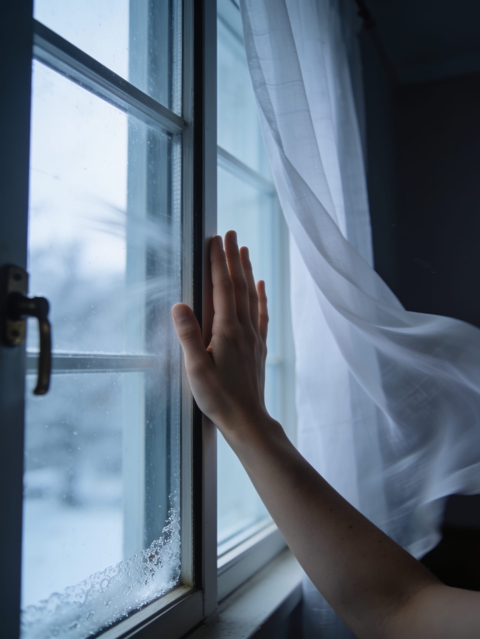 A hand pressed to the edge of a cold window on a winter day, a sheer curtain lifting in the draft.