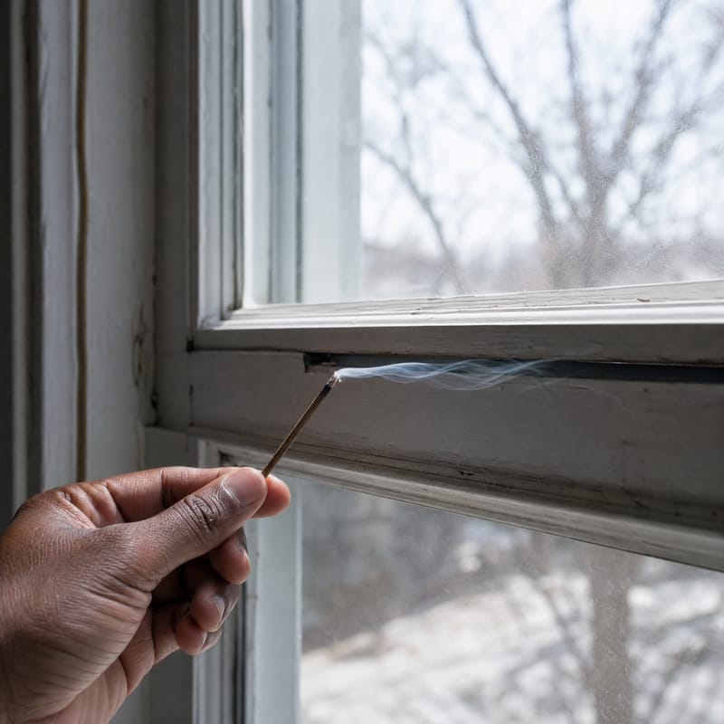A hand holds a lit incense stick at a double-hung window's meeting rail; the thin line of smoke bends sharply sideways toward the sash gap, making the draft visible.