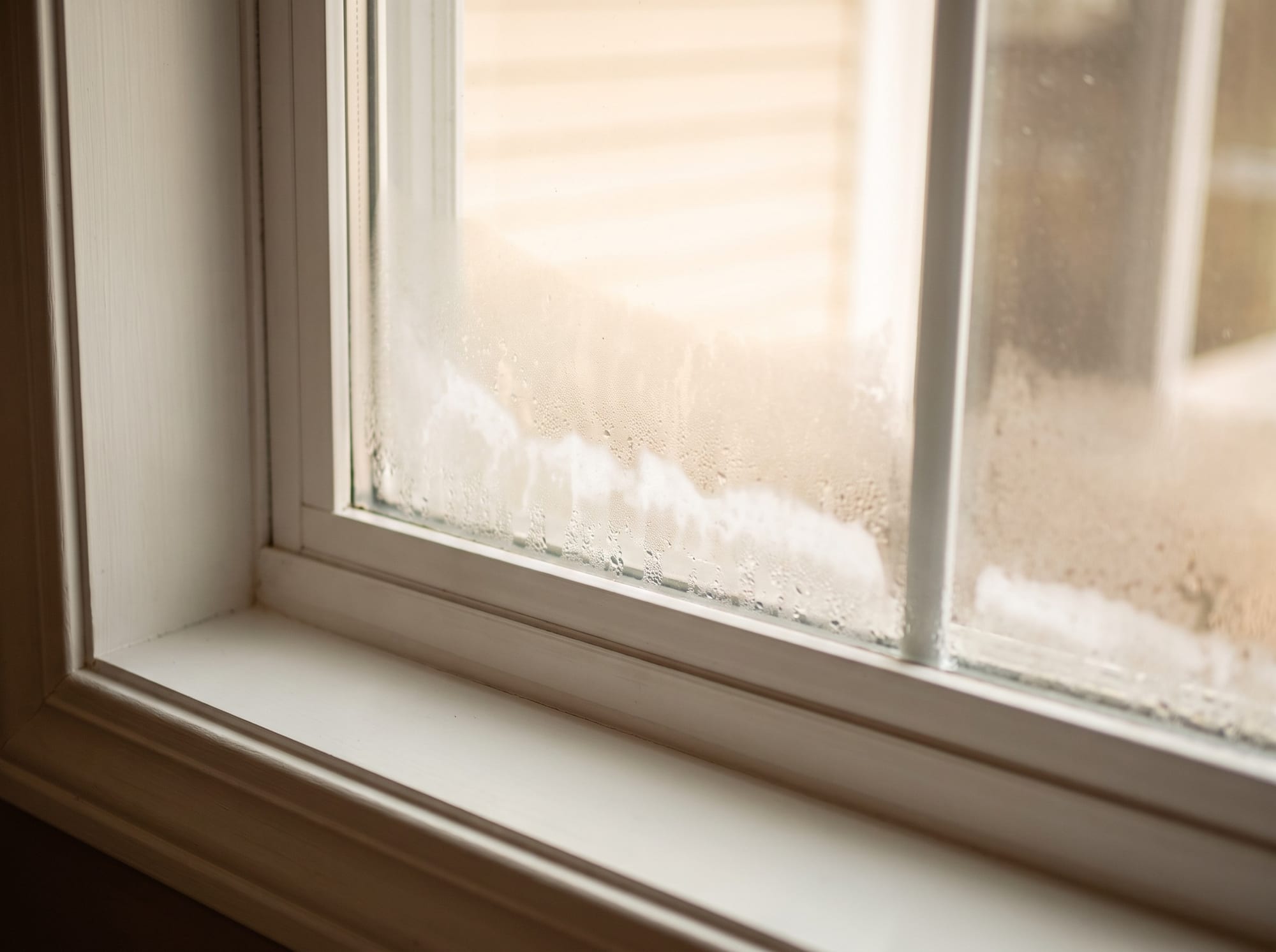 Close-up of a double-pane window's lower corner with a milky haze of moisture sealed between the panes that no wipe removes, while the white frame and trim around it stay clean and sound.
