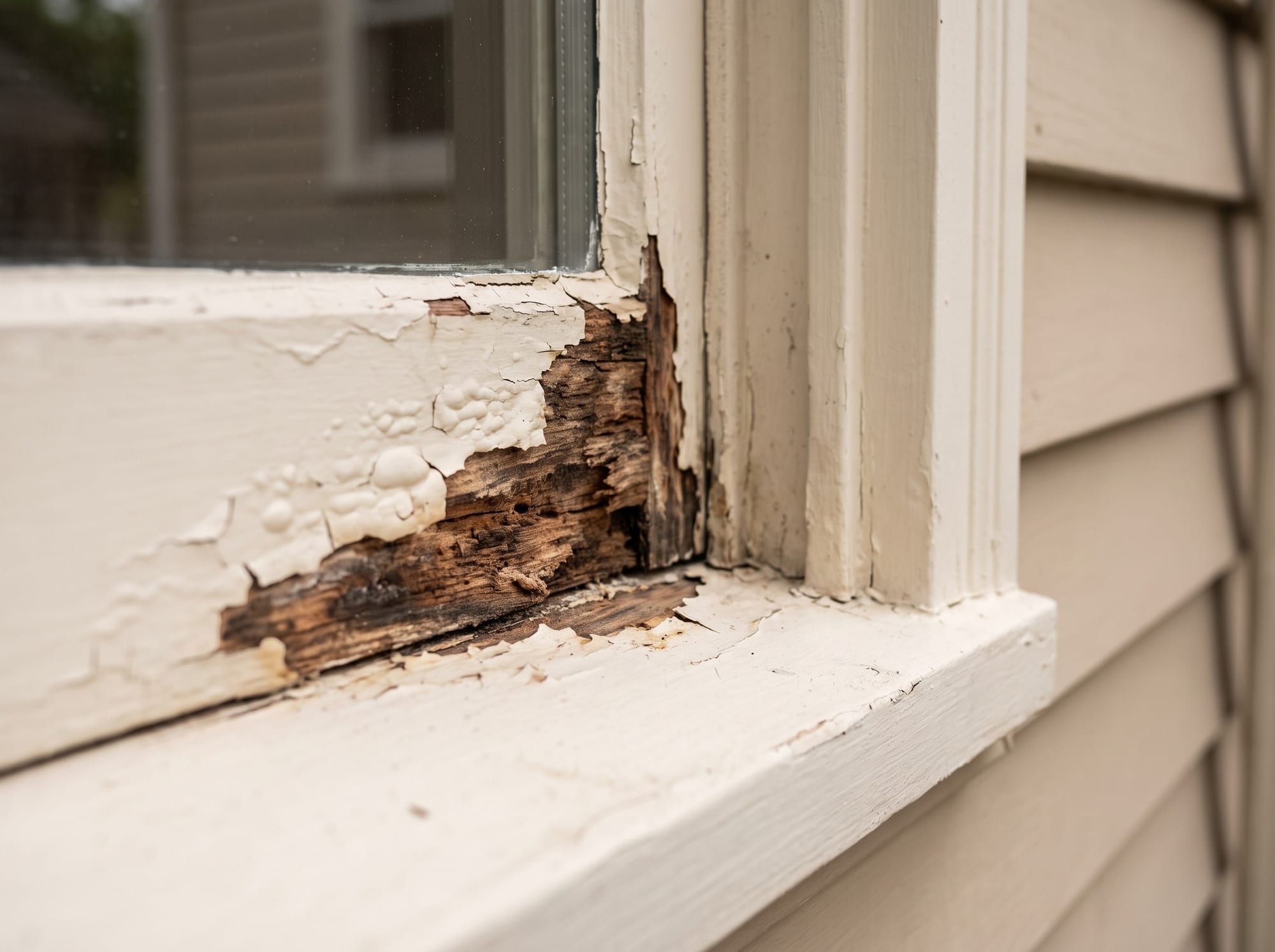 Close-up of one rotted corner of a wooden window sill, paint lifting and the wood beneath dark and soft, on a house that is otherwise clean and well-kept.