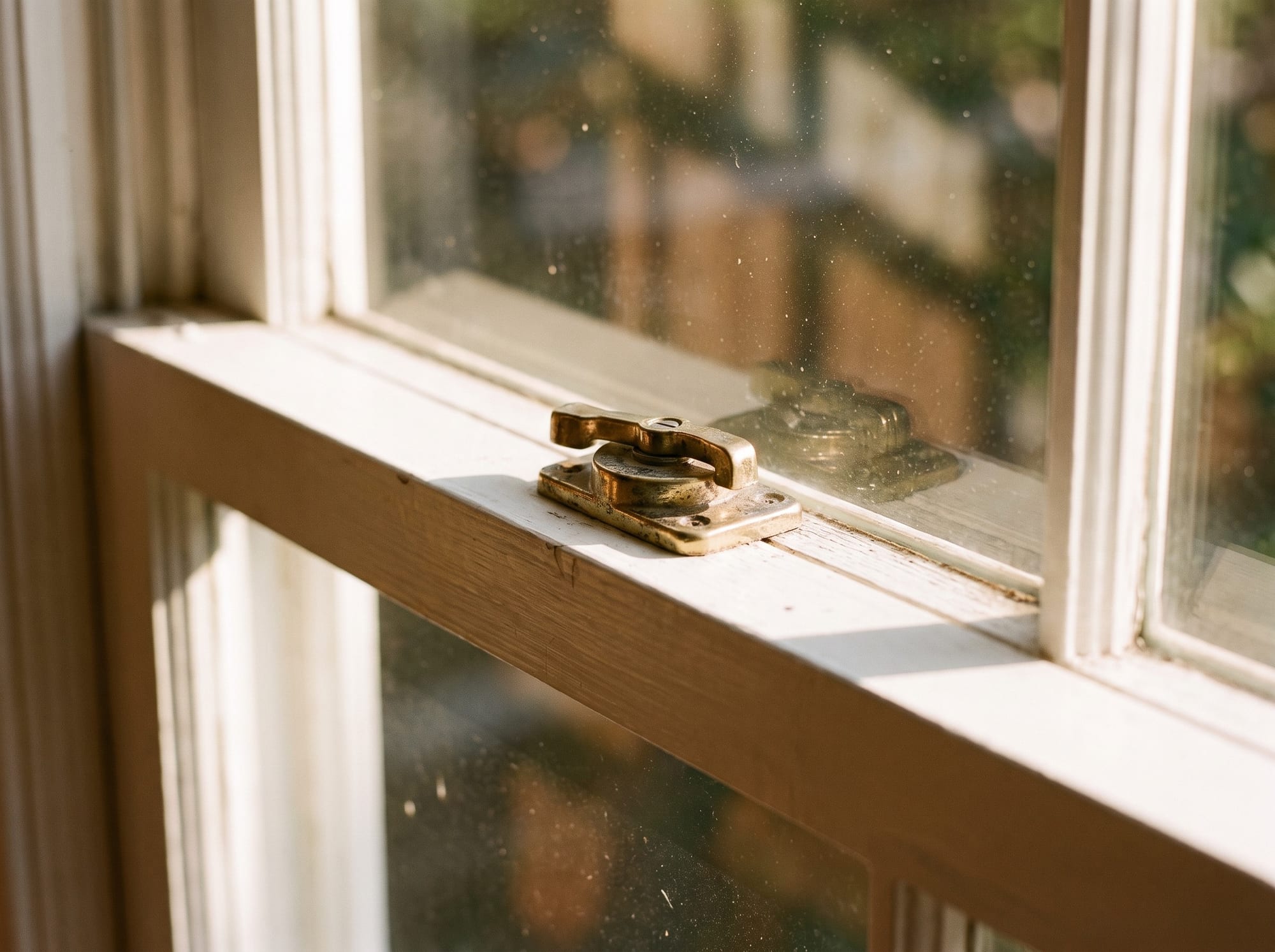 Macro of a small metal cam sash lock on the meeting rail of a clean white double-hung window — an ordinary inexpensive hardware part.