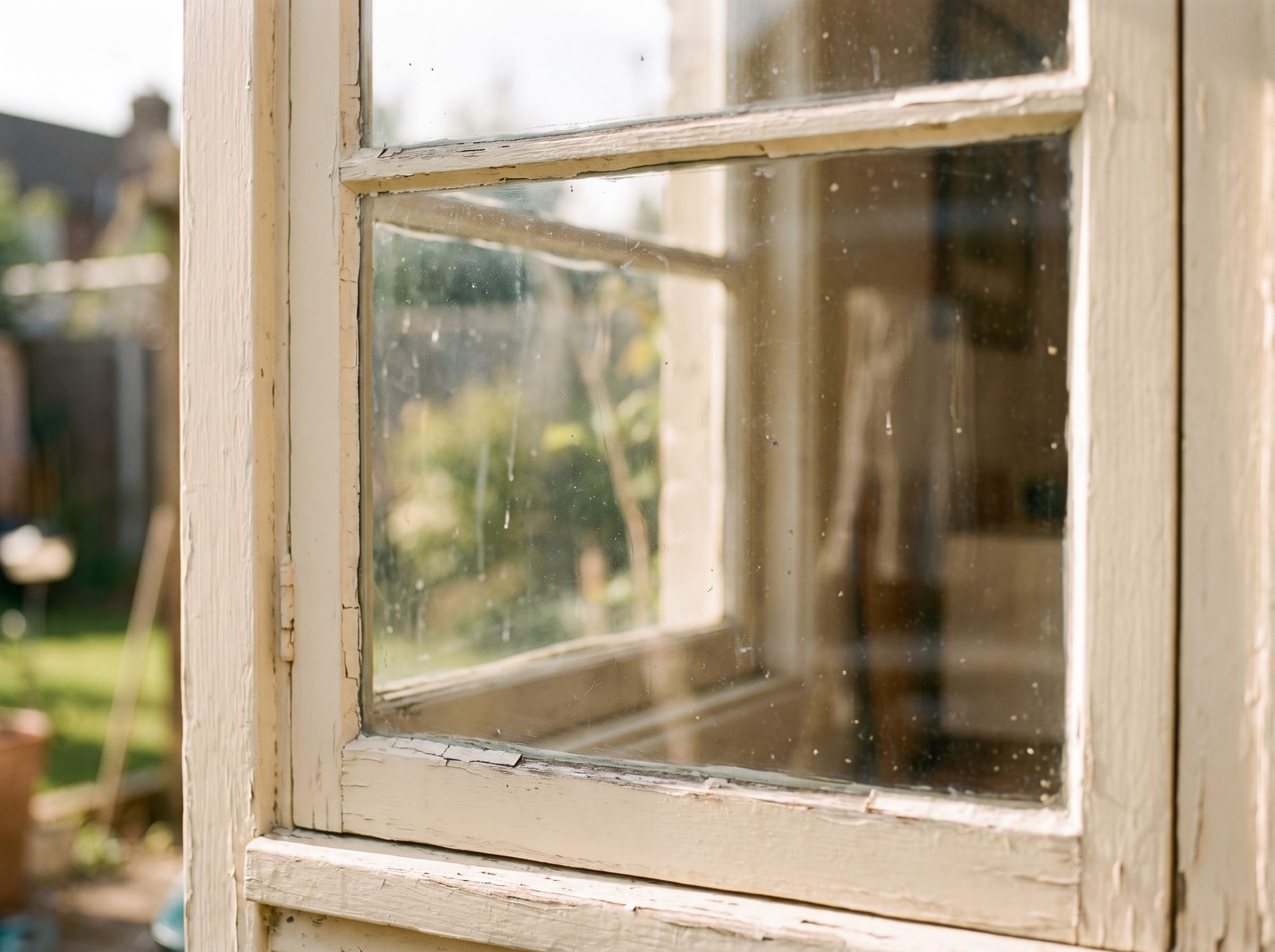 Side view of an old single-pane window — one thin sheet of glass held in a slim painted wood sash, with the faint ripple of old glass.