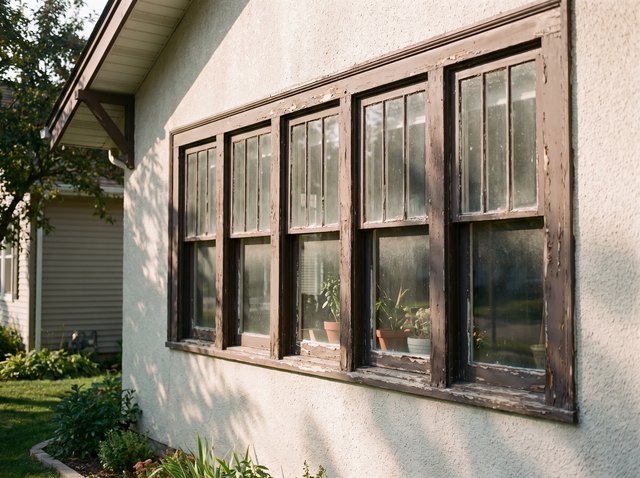 A modest home exterior with a row of several old, tired original windows aged as a set, on an otherwise tidy and cared-for house.