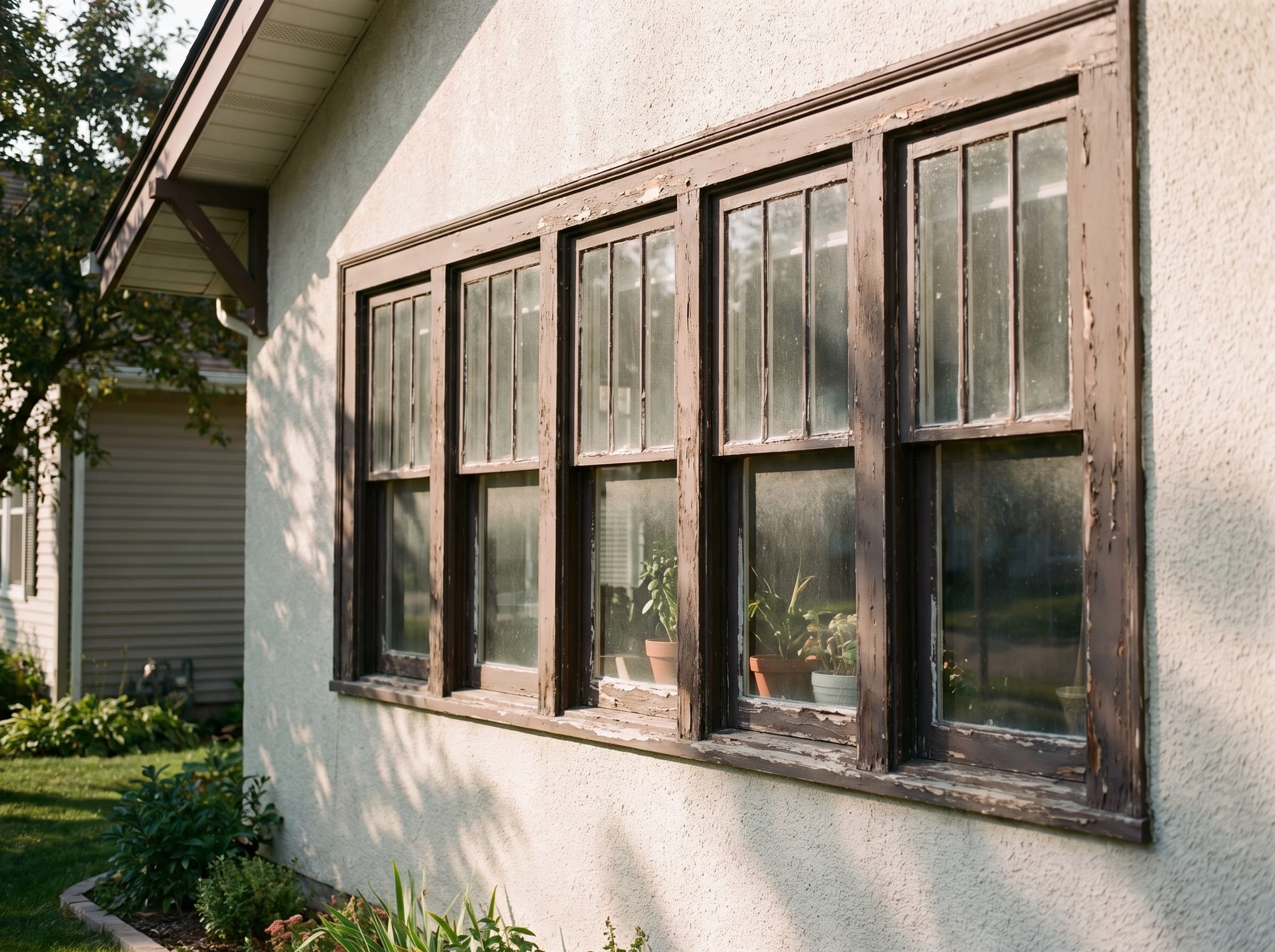 A modest home exterior with a row of several old, tired original windows aged as a set, on an otherwise tidy and cared-for house.