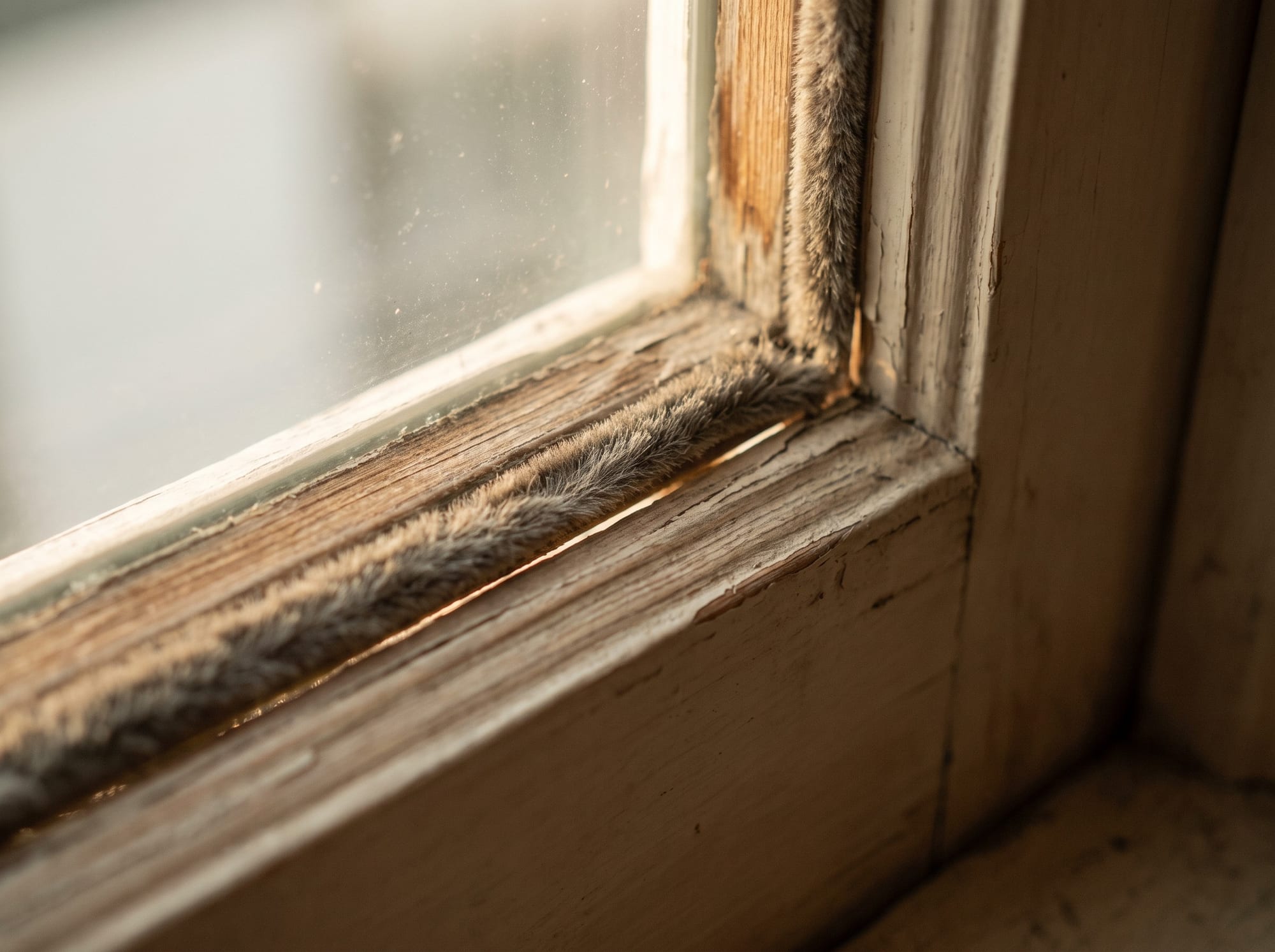 Macro of a window sash edge where the fuzzy pile weatherstrip has gone flat and compressed, leaving a thin gap where it no longer seals against the frame.