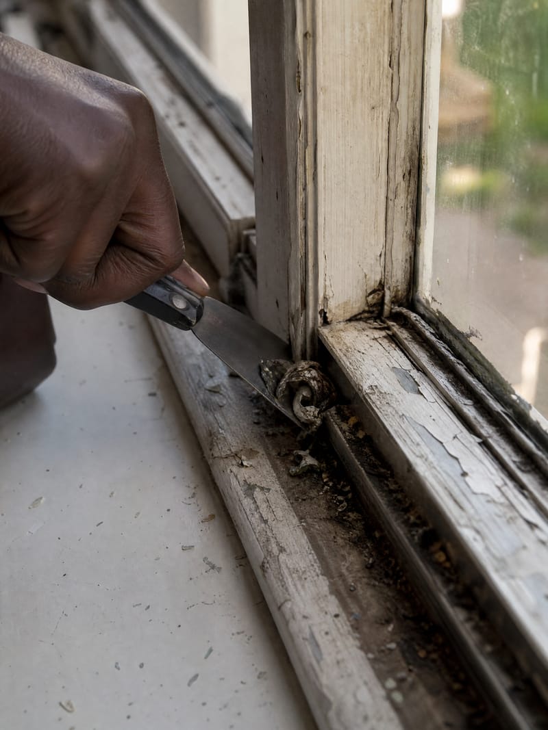 A hand working a putty knife along an old wood window track, curls of old paint and grime lifting out of the channel in warm window light.