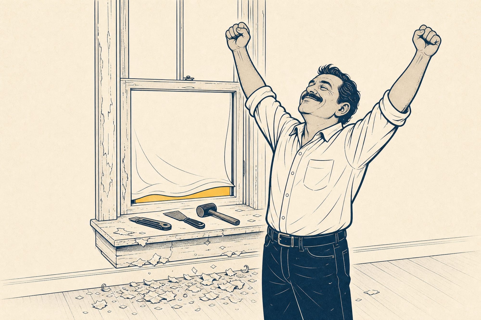 Cartoon: a homeowner throws both arms up in triumph beside a wood window he's finally freed a few inches, a utility knife and putty knife on the sill and curls of old scored paint on the floor.