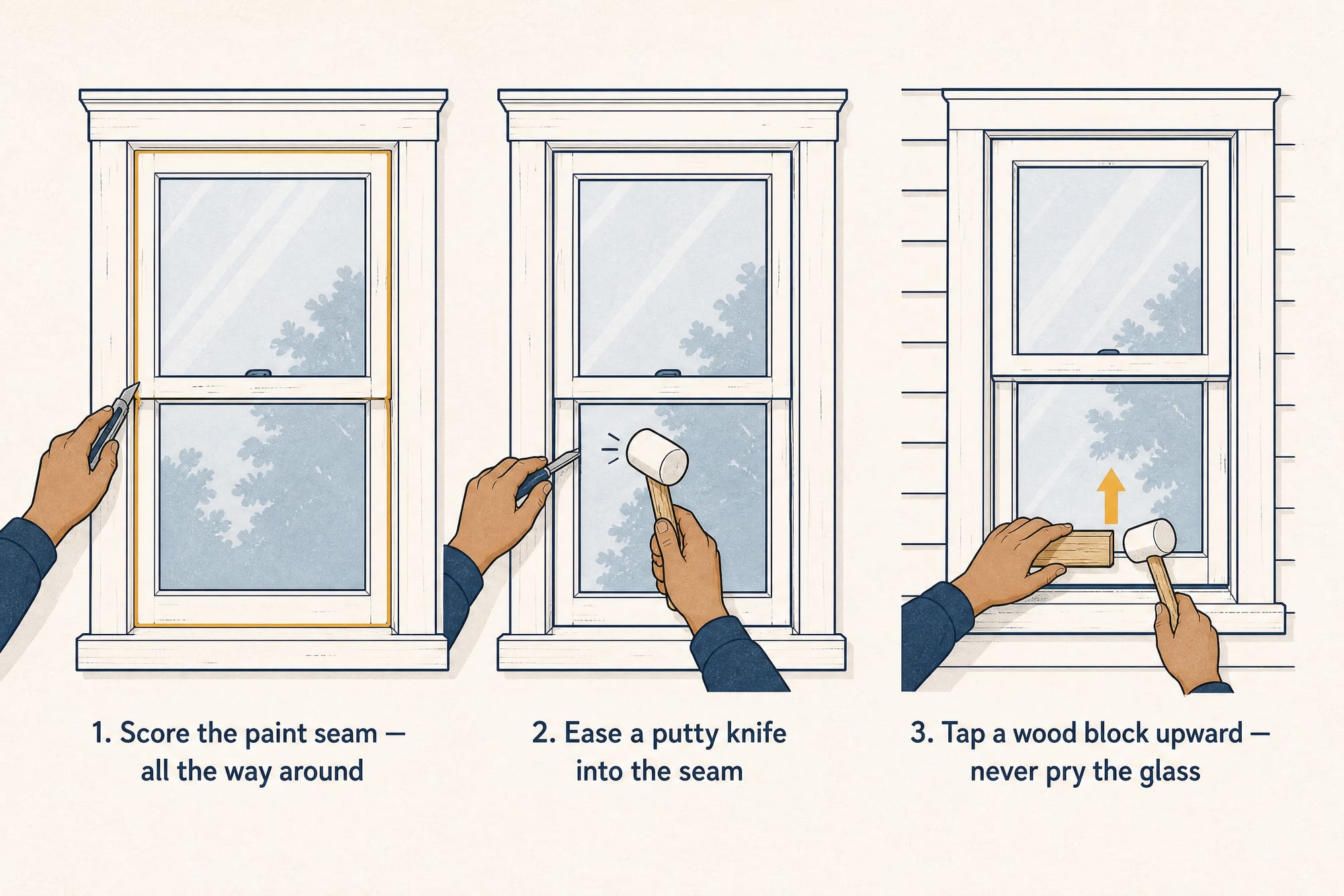 Three-step how-to: score the paint seam all the way around with a utility knife, ease a putty knife into the seam, then tap a wood block upward against the sash bottom rail — never pry against the glass.