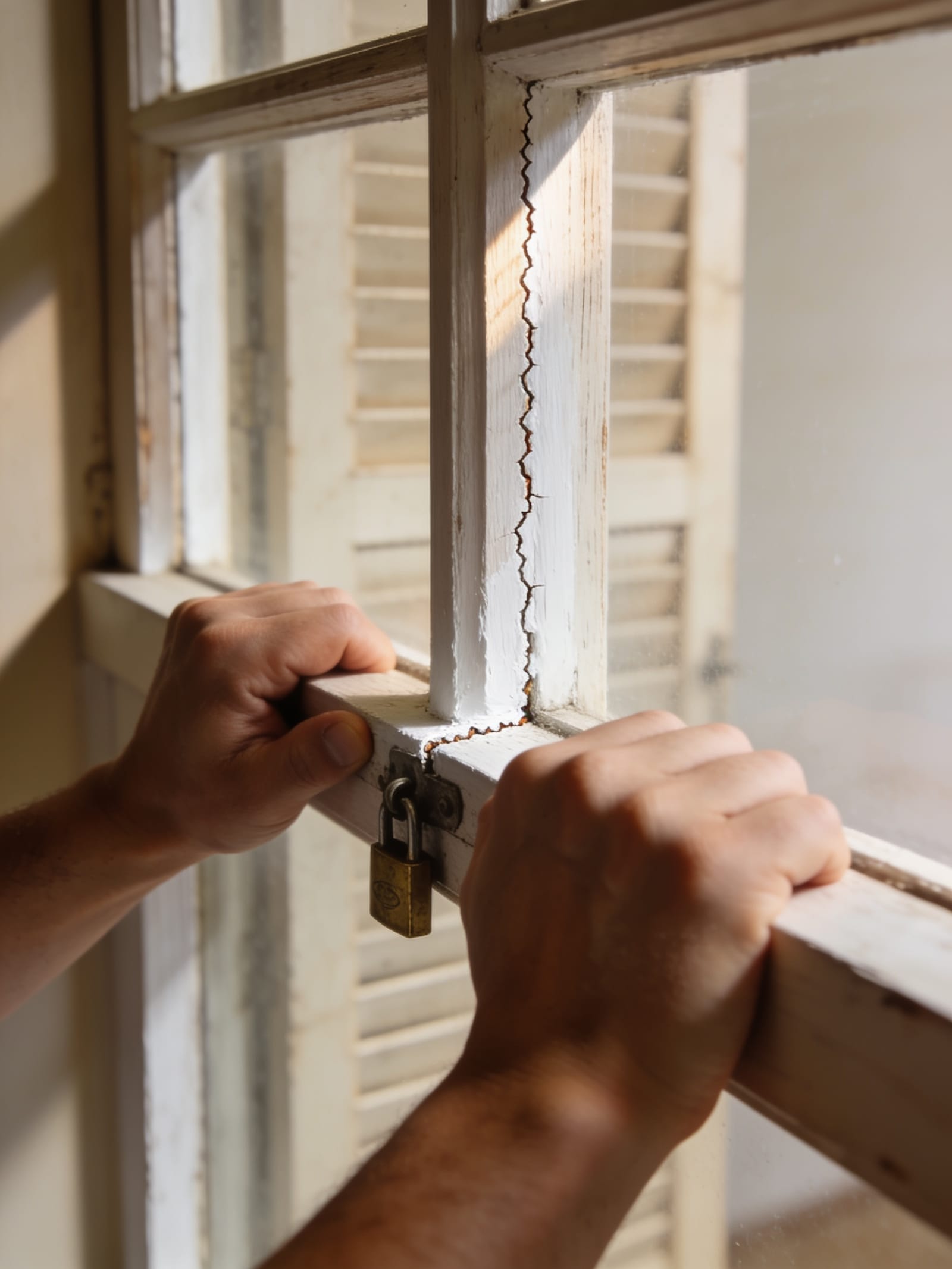 Two hands straining to lift a painted-shut double-hung wood sash, cracked paint bead along the seam in warm daylight.