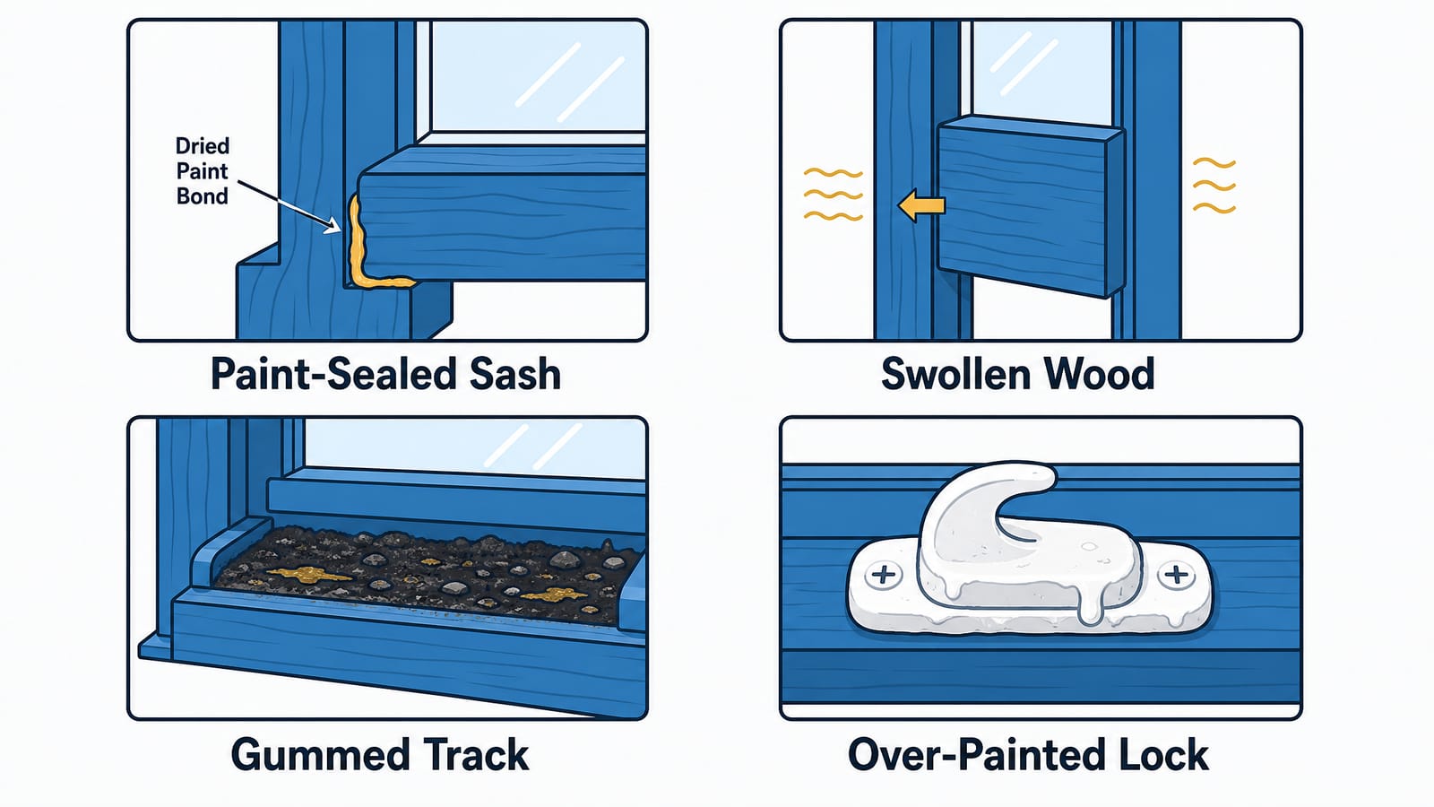 Diagram of the four common reasons a window sticks: a Paint-Sealed Sash with dried paint bonding the sash to the frame, Swollen Wood binding against the jamb from humidity, a Gummed Track clogged with dirt and old grease, and an Over-Painted Lock caked in paint.