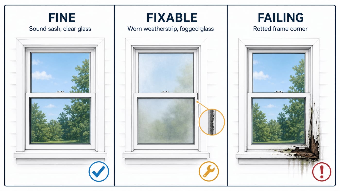 Three-panel sorting card showing the same window in three states: fine, with a sound sash and clear glass; fixable, with worn weatherstrip and fog between the panes; and failing, with a rotted frame corner.