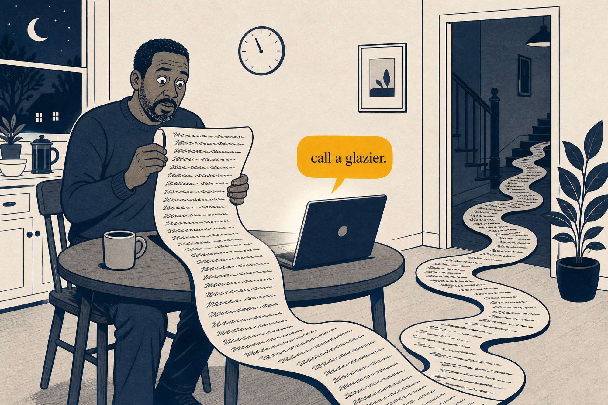 Cartoon: a homeowner at his kitchen table at night holds a replacement quote so long it unrolls across the floor and out the door, while a small speech bubble rising from his laptop reads 'call a glazier.'