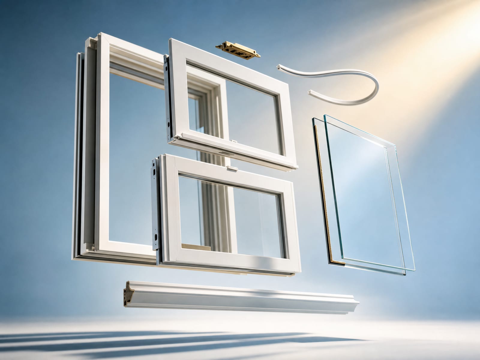 A white double-hung replacement window floating in a bright studio, its parts gently separated in mid-air like an exploded diagram — frame, sashes, insulated glass unit with spacer bar, weatherstripping, and brass sash lock all hanging apart in a shaft of golden light