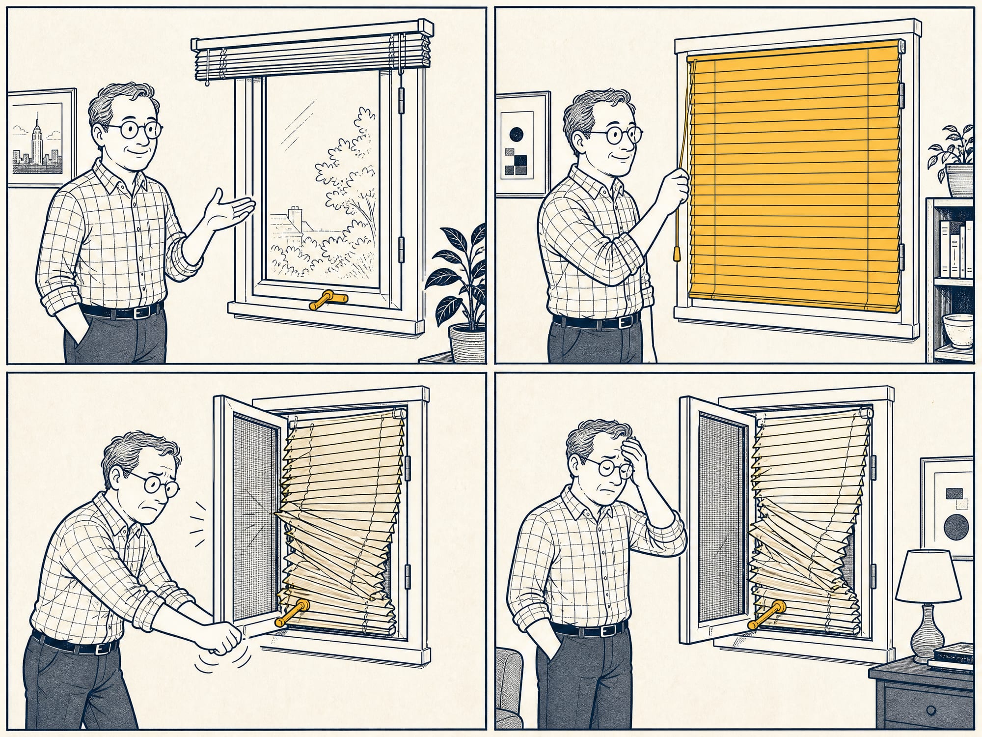 Four-panel comic of a homeowner installing interior blinds in front of a crank-out casement window, cranking the window open, and the sash colliding with the lowered blinds while the crank handle jams against the slats.