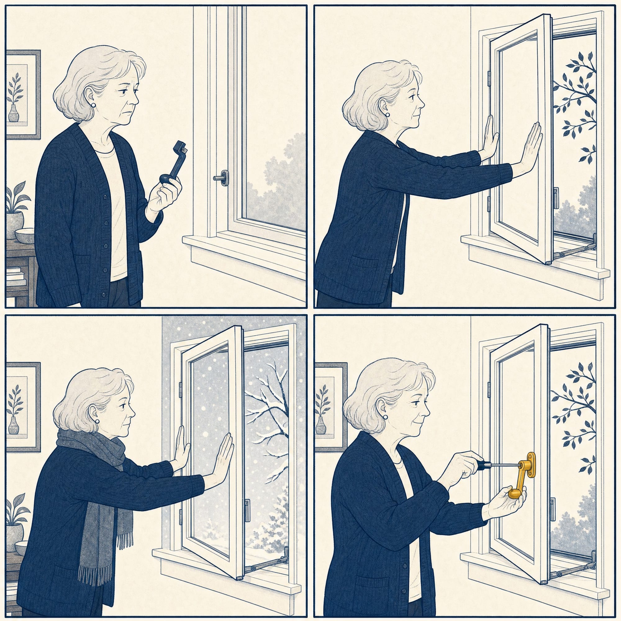 Four-panel cartoon: a homeowner holds a broken crank handle, pushes the casement open by hand, does the same through winter with a scarf on, then finally cranks it easily with a new replacement operator.