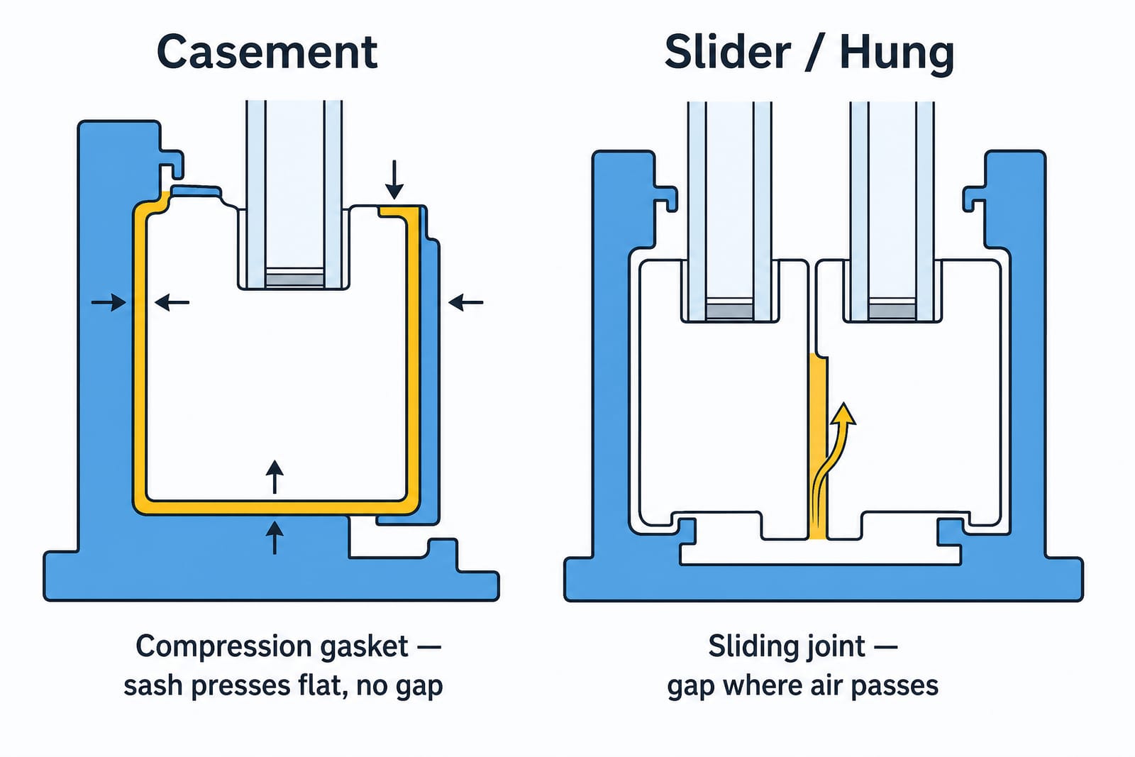 Two flat-vector cross-section diagrams comparing window seals. Left, labeled Casement: the sash presses flat against a continuous gold compression gasket running all the way around the frame with no gap. Right, labeled Slider / Hung: two sashes meet at a sliding joint with a gold-highlighted gap where an arrow shows air passing through.