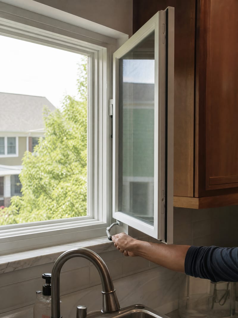 A hand turning the crank of a side-hinged casement window above a kitchen sink, faucet in the foreground, the sash swung open in bright morning daylight.