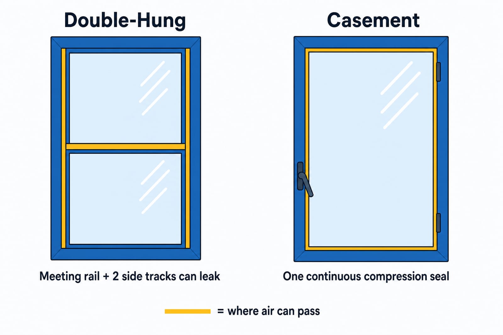 Two-panel diagram comparing air-leak paths. Left, a double-hung window with gold highlights on the middle meeting rail and both vertical side tracks, labeled 'Meeting rail + 2 side tracks can leak.' Right, a casement window with one continuous gold compression seal tracing the full sash perimeter, labeled 'One continuous compression seal.' A legend reads: gold line = where air can pass.