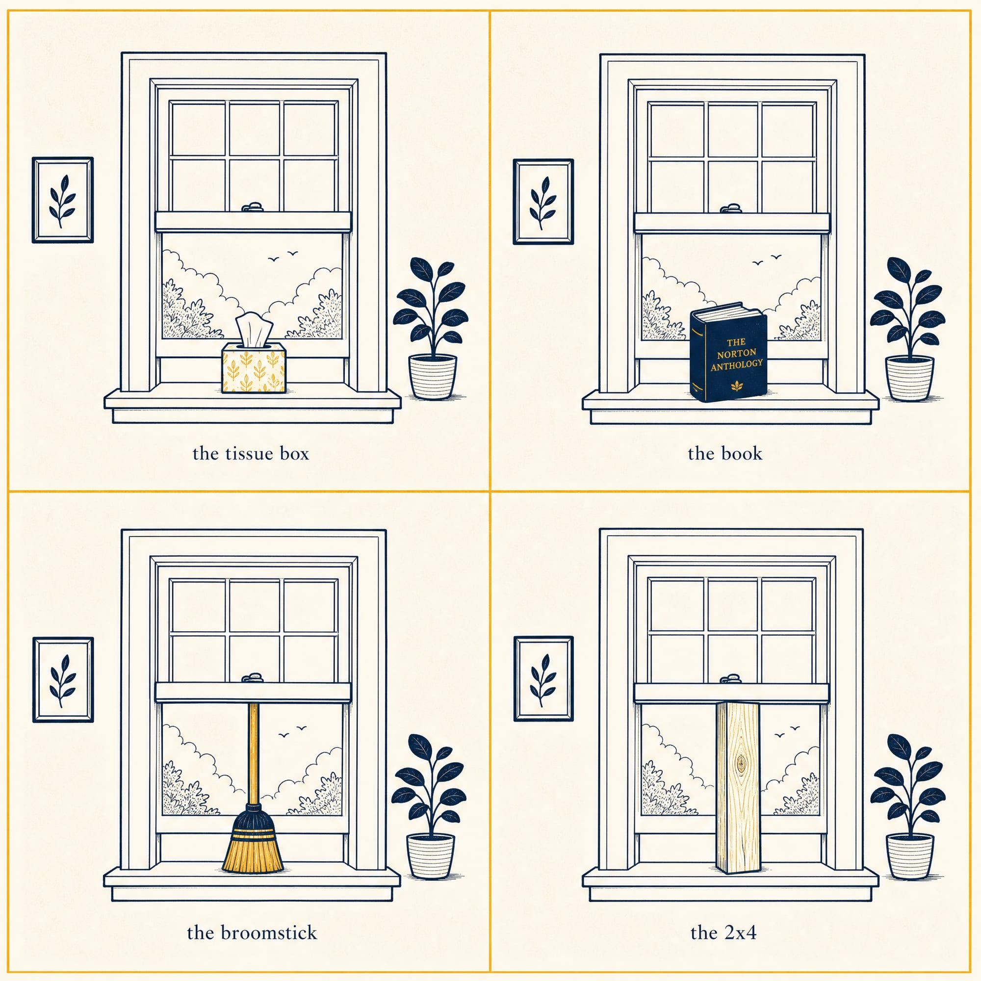 Four-panel comic showing the same double-hung window propped open by escalating objects: a tissue box, a hardcover book, a broomstick, and a 2x4 scrap.