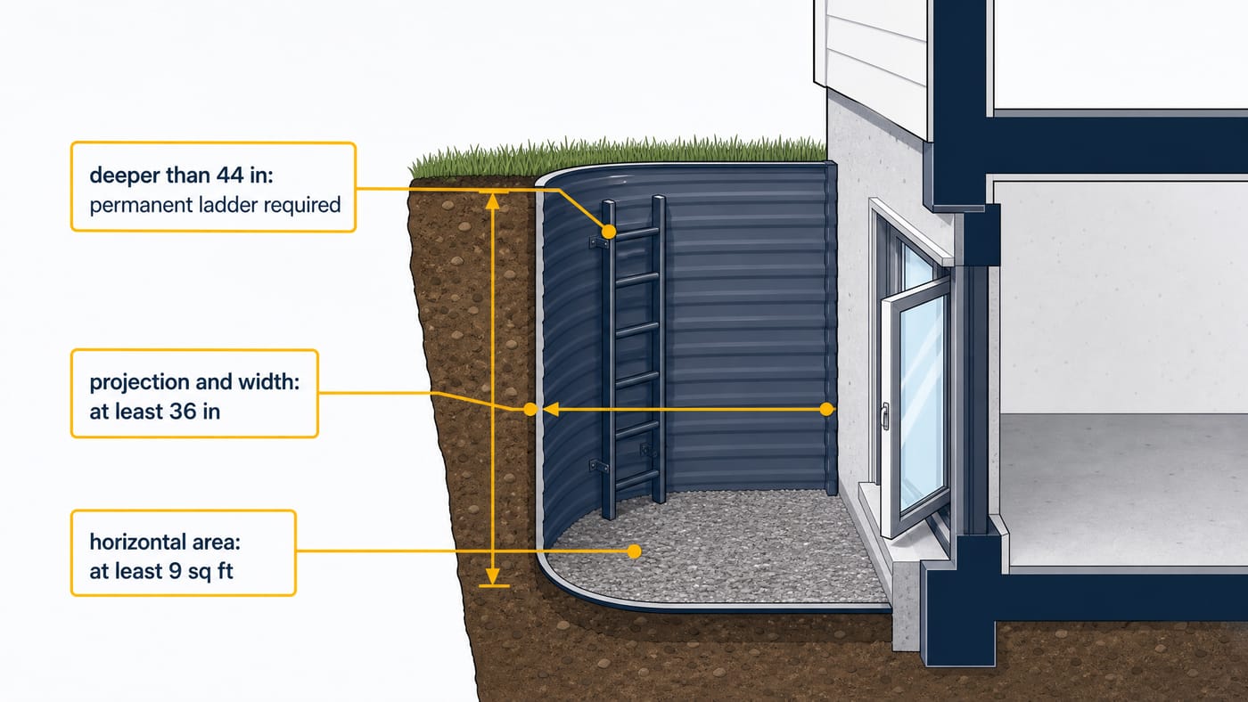 Cutaway of a basement egress window well: horizontal area at least 9 square feet, projection and width at least 36 inches, and a permanently attached ladder required when the well is deeper than 44 inches.