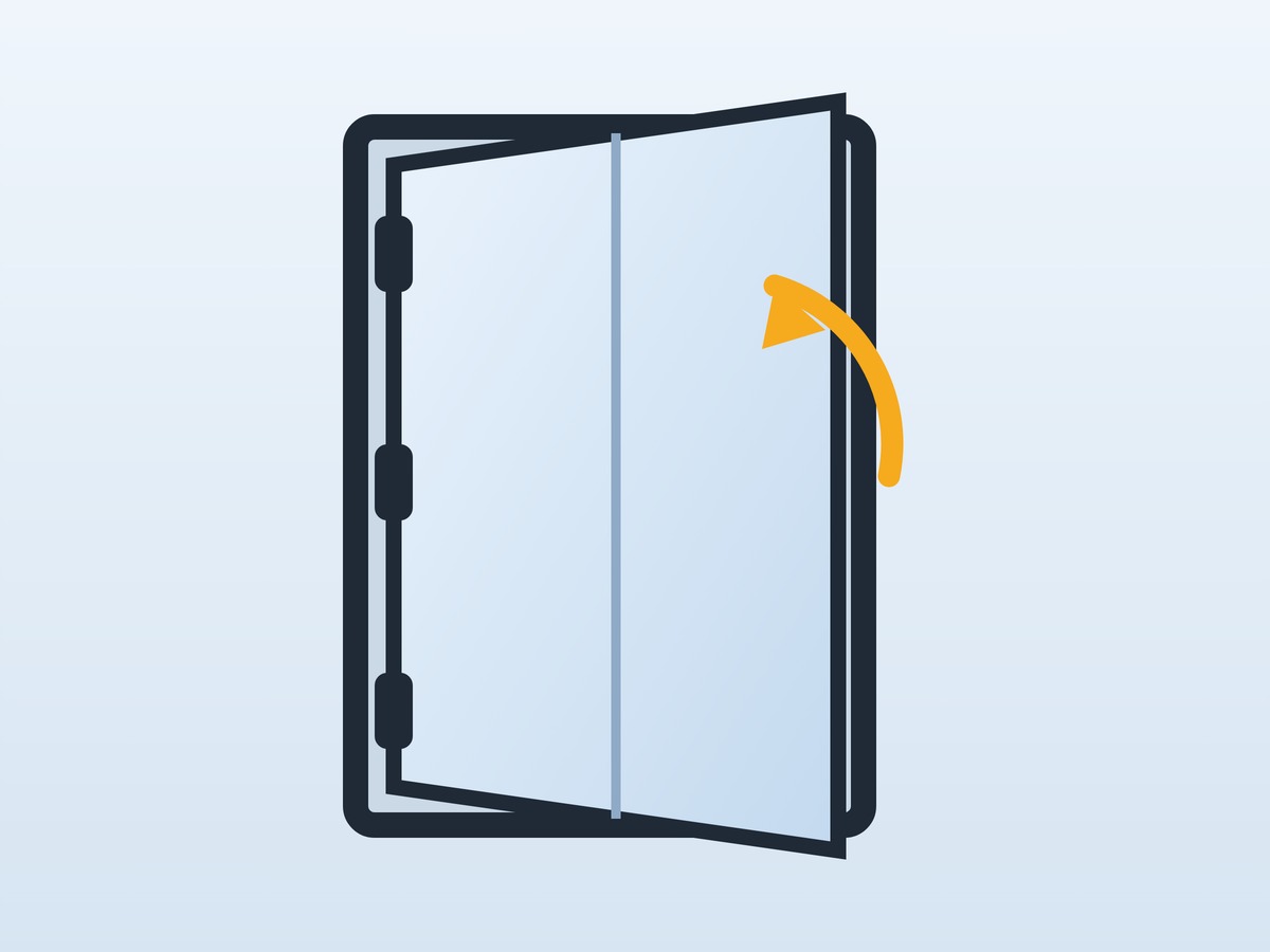 Casement window swinging open on a side hinge — nearly the whole sash swings clear of the frame.