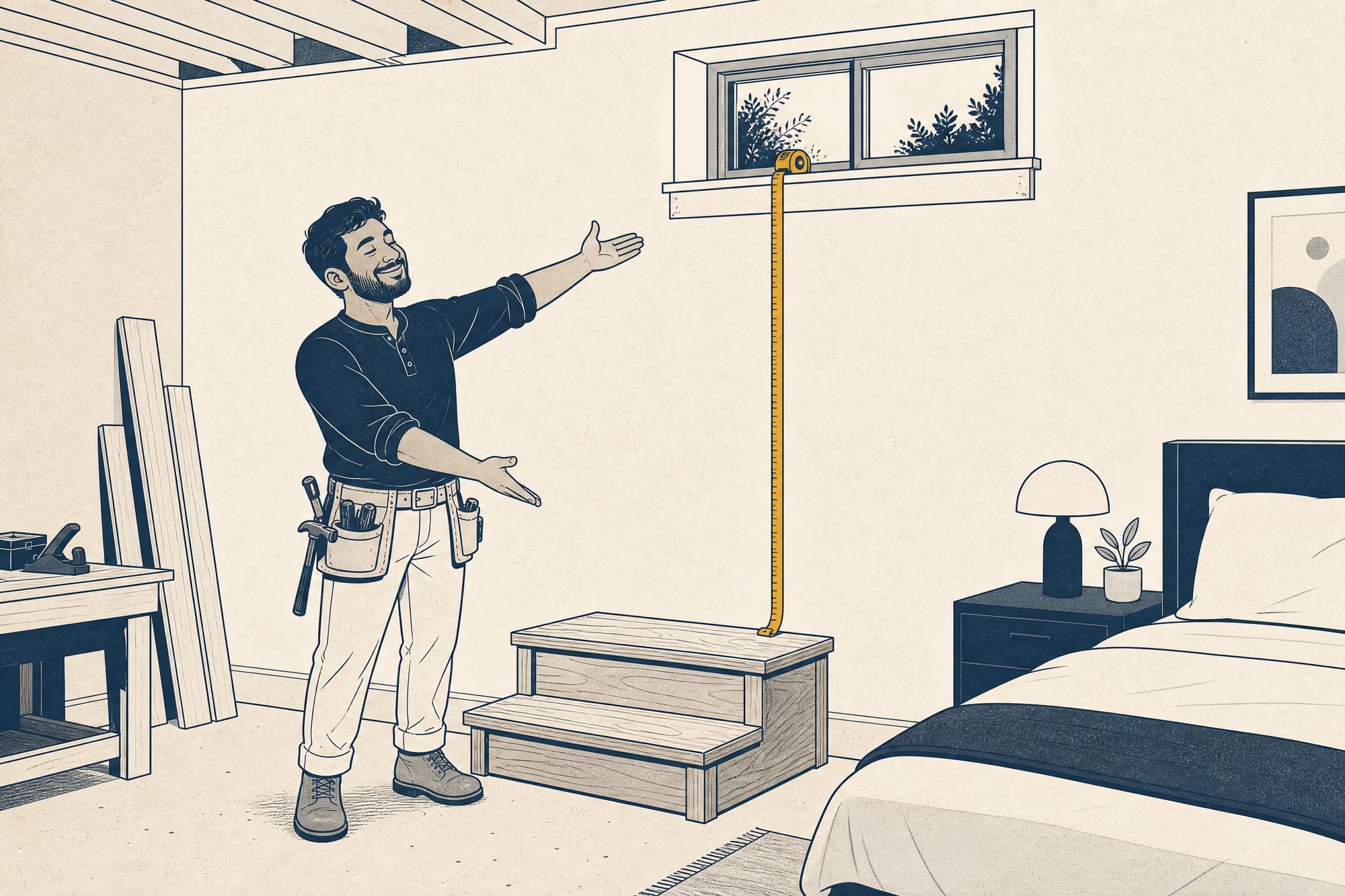 Cartoon: a homeowner gestures proudly at a high basement bedroom window with a small wooden step built beneath it and a tape measure dropping from the sill to the step — the 'raise the floor to meet the sill' idea.