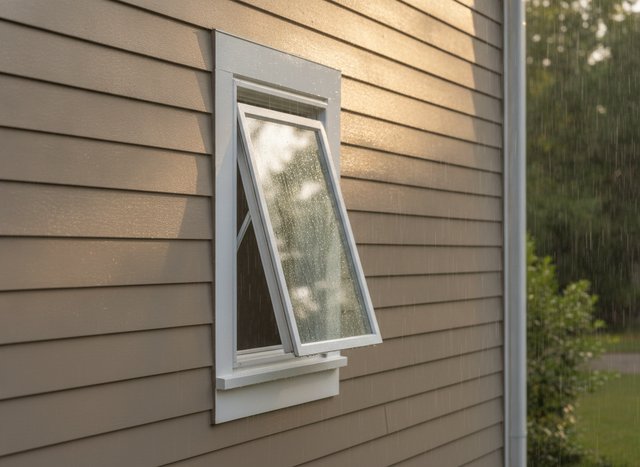 An awning window open in the rain, its top-hinged sash shedding water like a brim.