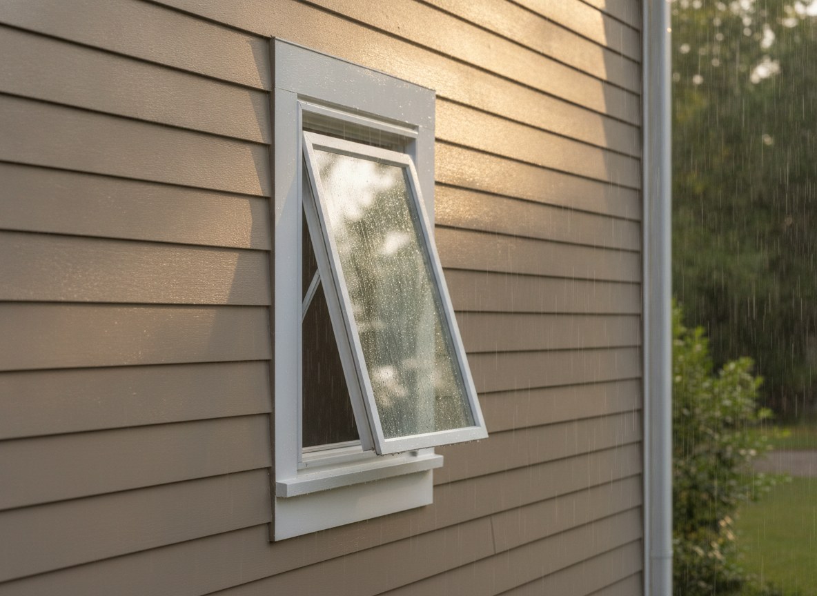 An awning window open in the rain, its top-hinged sash shedding water like a brim.