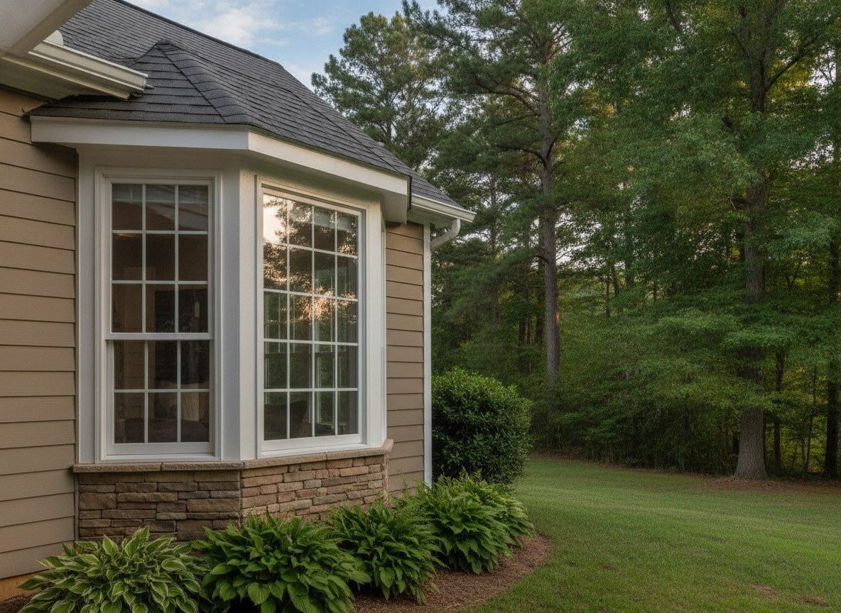 A bay window steps out from the wall, buying floor space, light, and a shelf.