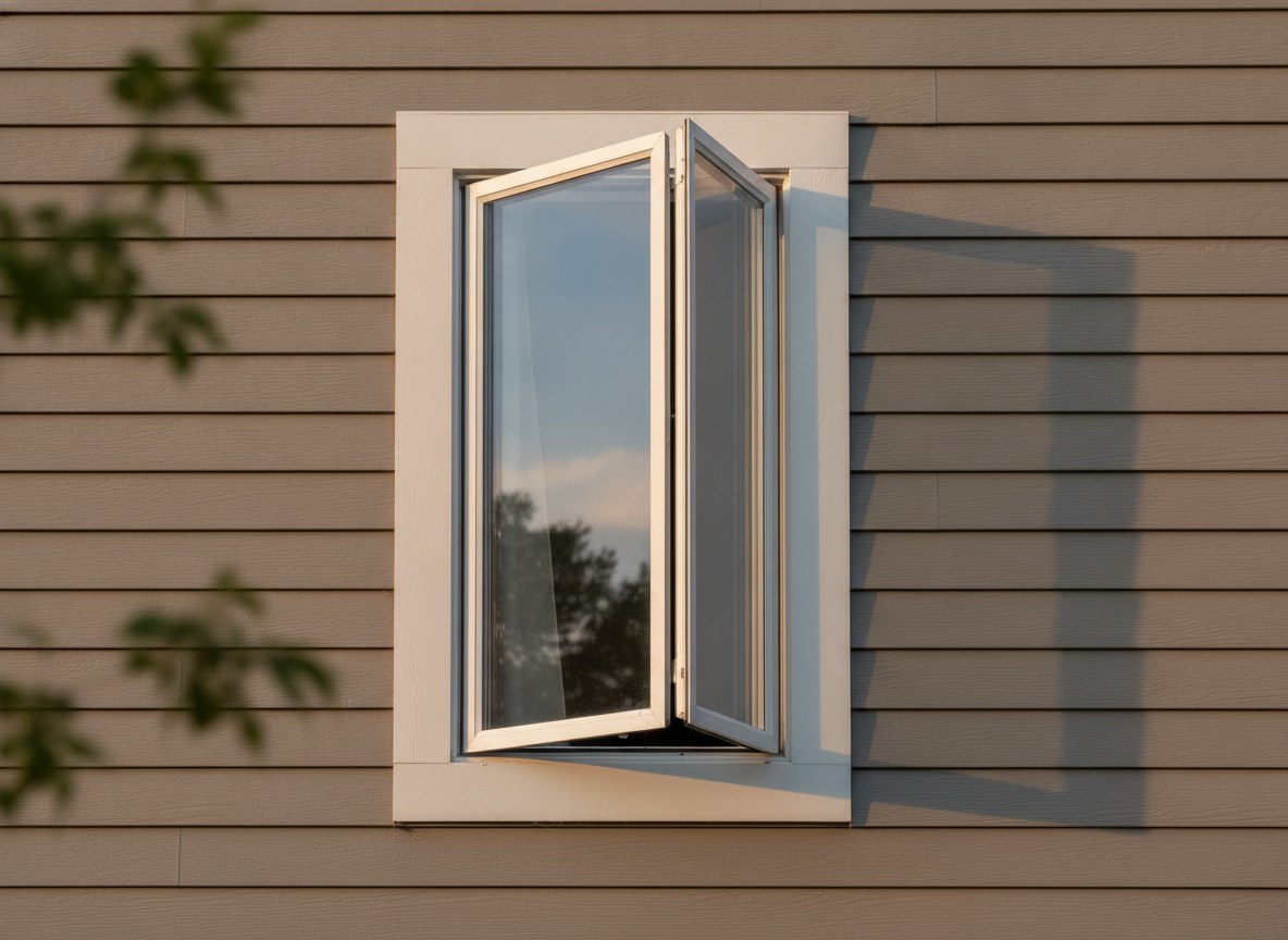 A casement mid-crank, swinging its whole sash out into the morning air.