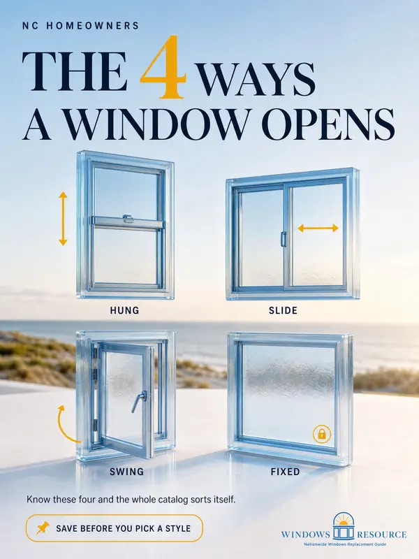 The 4 Ways a Window Opens — hung, slide, swing, and fixed glass windows; know these four and the whole catalog sorts itself