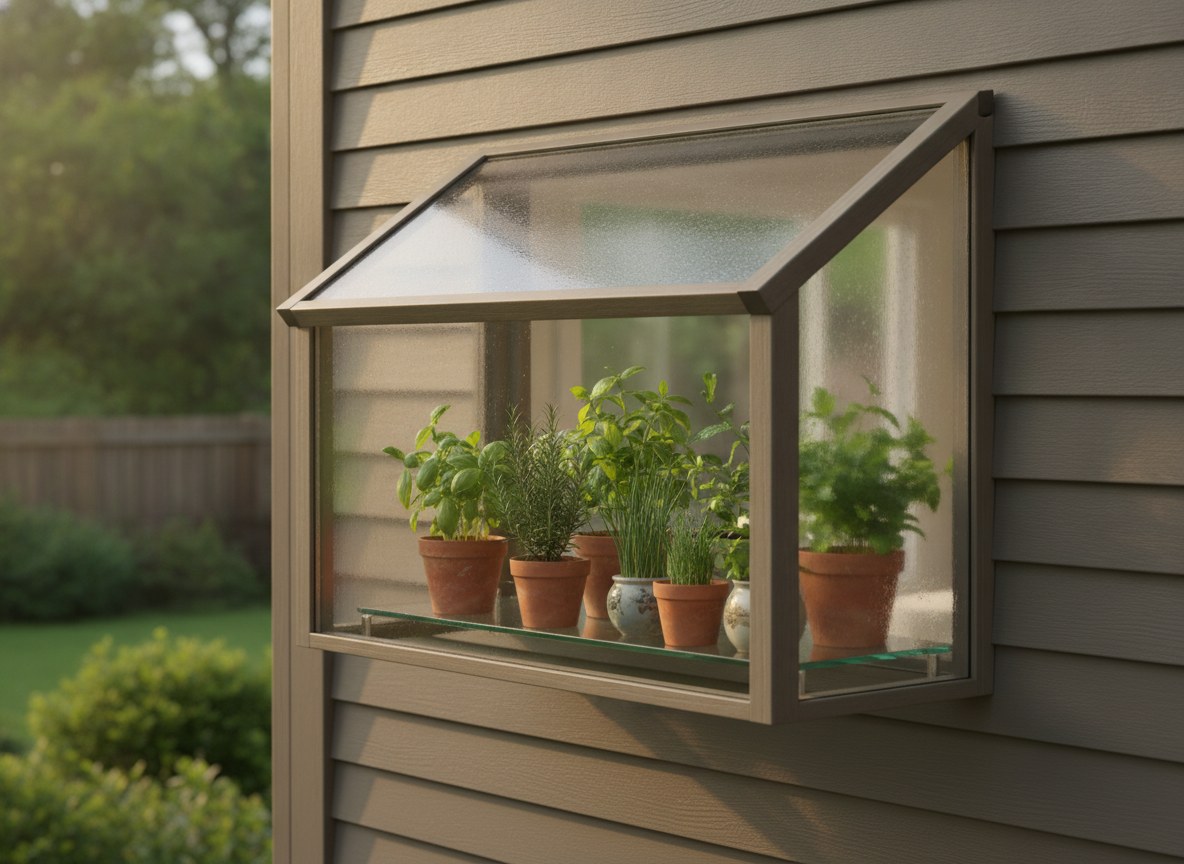 A garden window: a little glass greenhouse growing herbs over the kitchen sink.